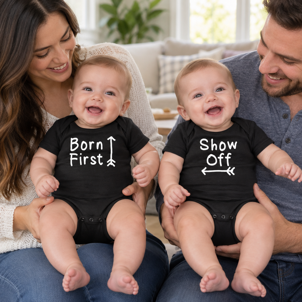 Born First and Show Off Twin Set — Black Two Infant Bodysuit Set — lifestyle alt