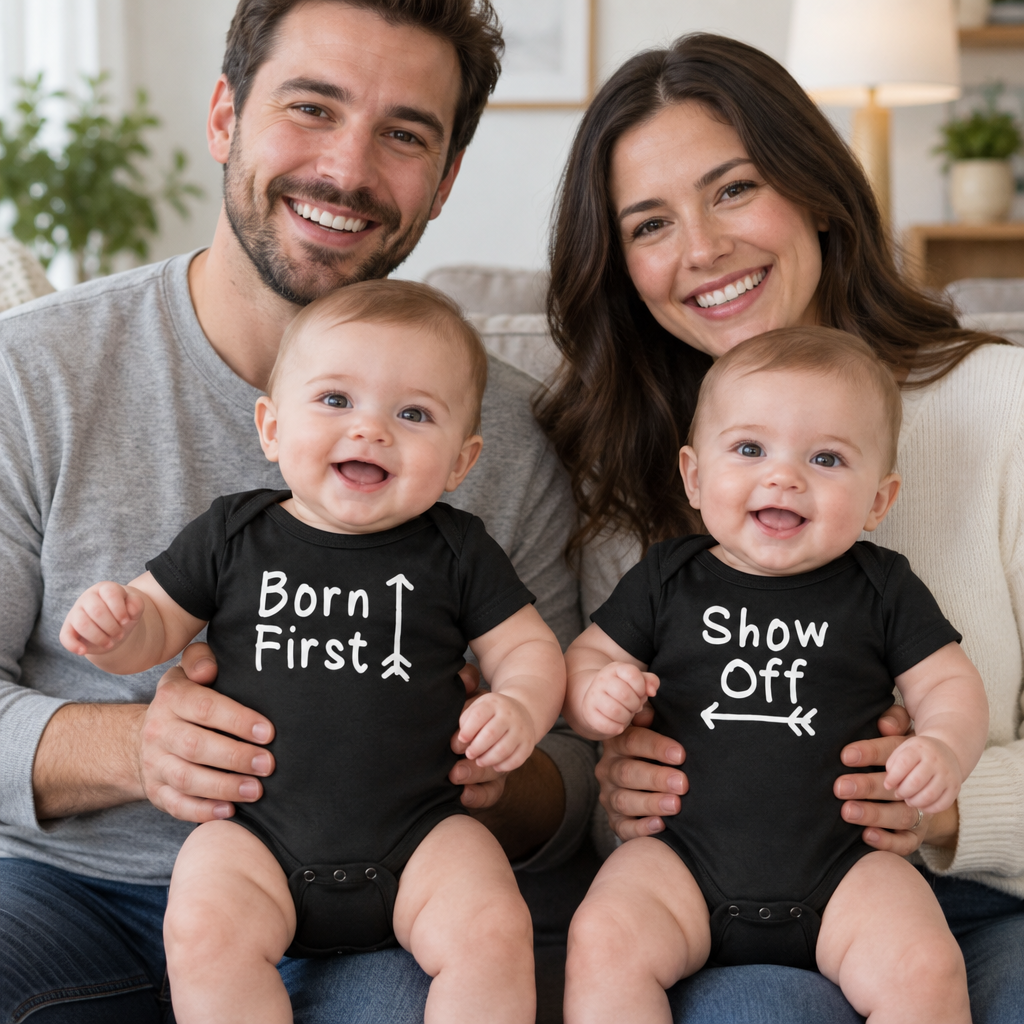 Born First and Show Off Twin Set — Black Two Infant Bodysuit Set — lifestyle group