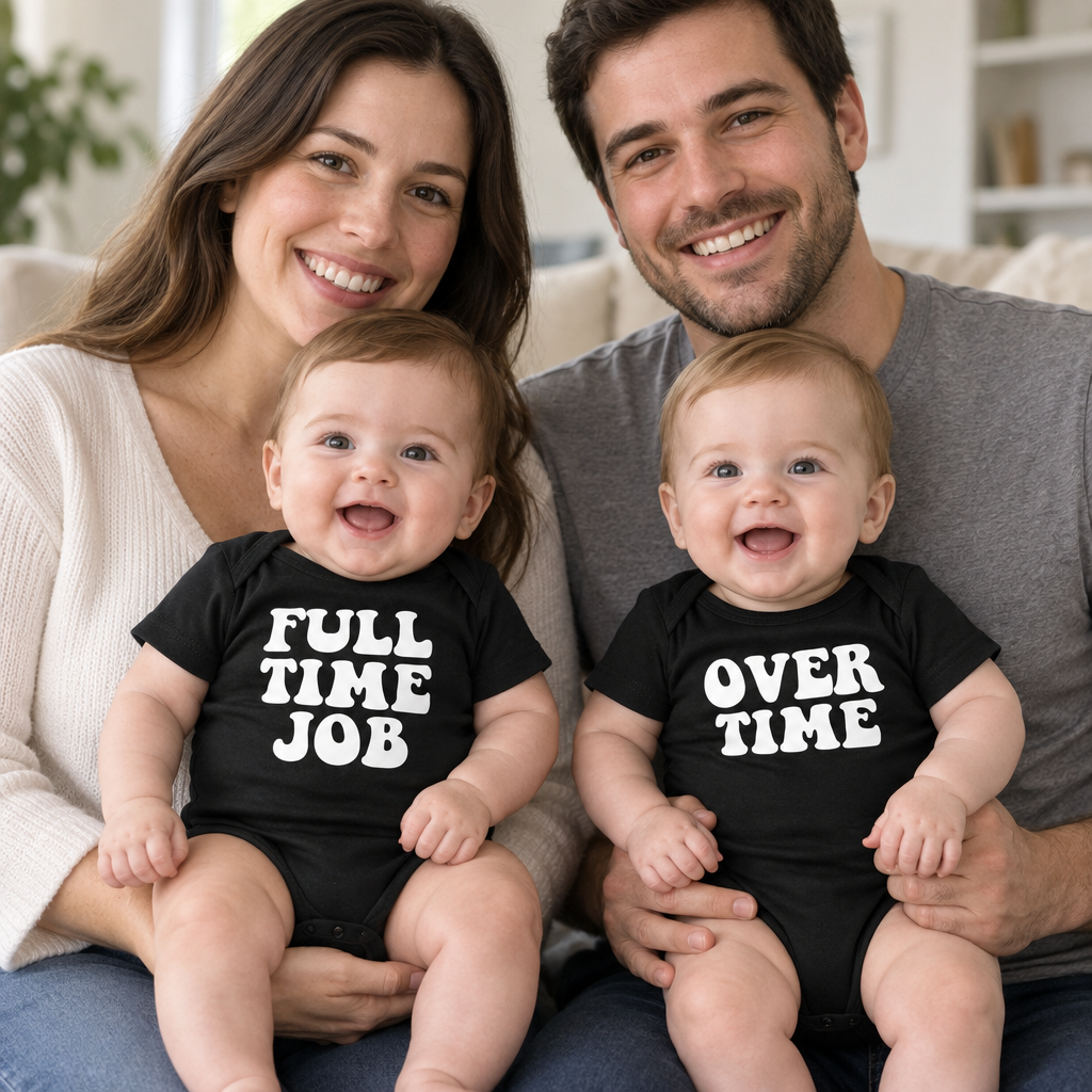 Full Time Job and Overtime Twin Set — Black Two Infant Bodysuit Set — lifestyle group