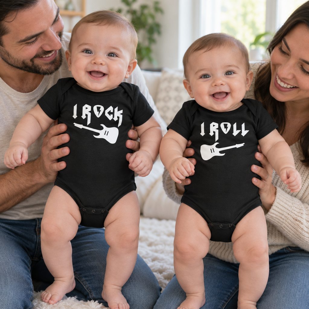 I Rock and I Roll Twin Set — Black Two Infant Bodysuit Set — lifestyle hero