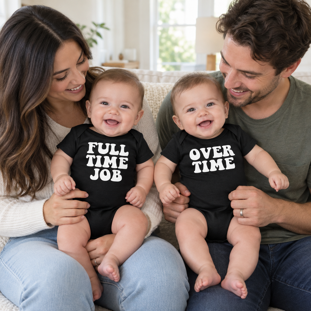 Full Time Job and Overtime Twin Set — Black Two Infant Bodysuit Set — lifestyle hero