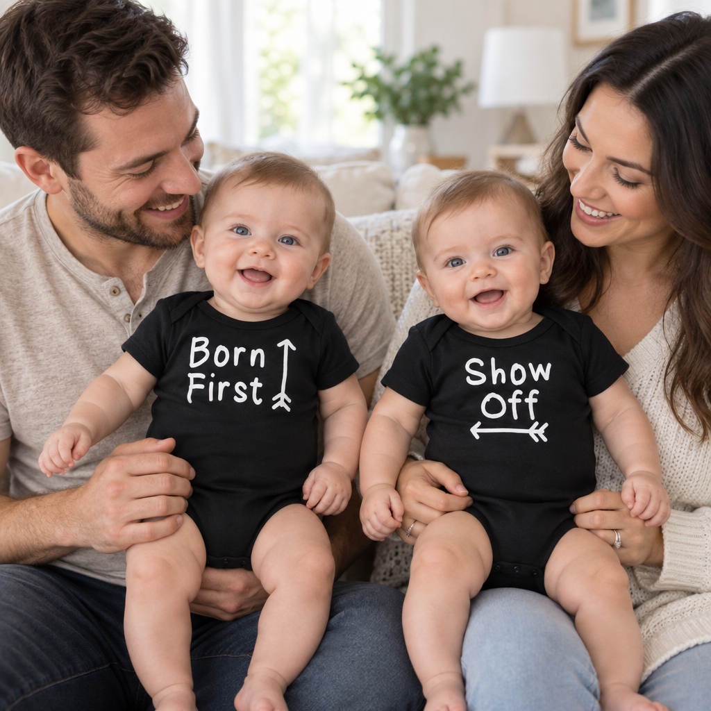 Born First and Show Off Twin Set — Black Two Infant Bodysuit Set — lifestyle hero