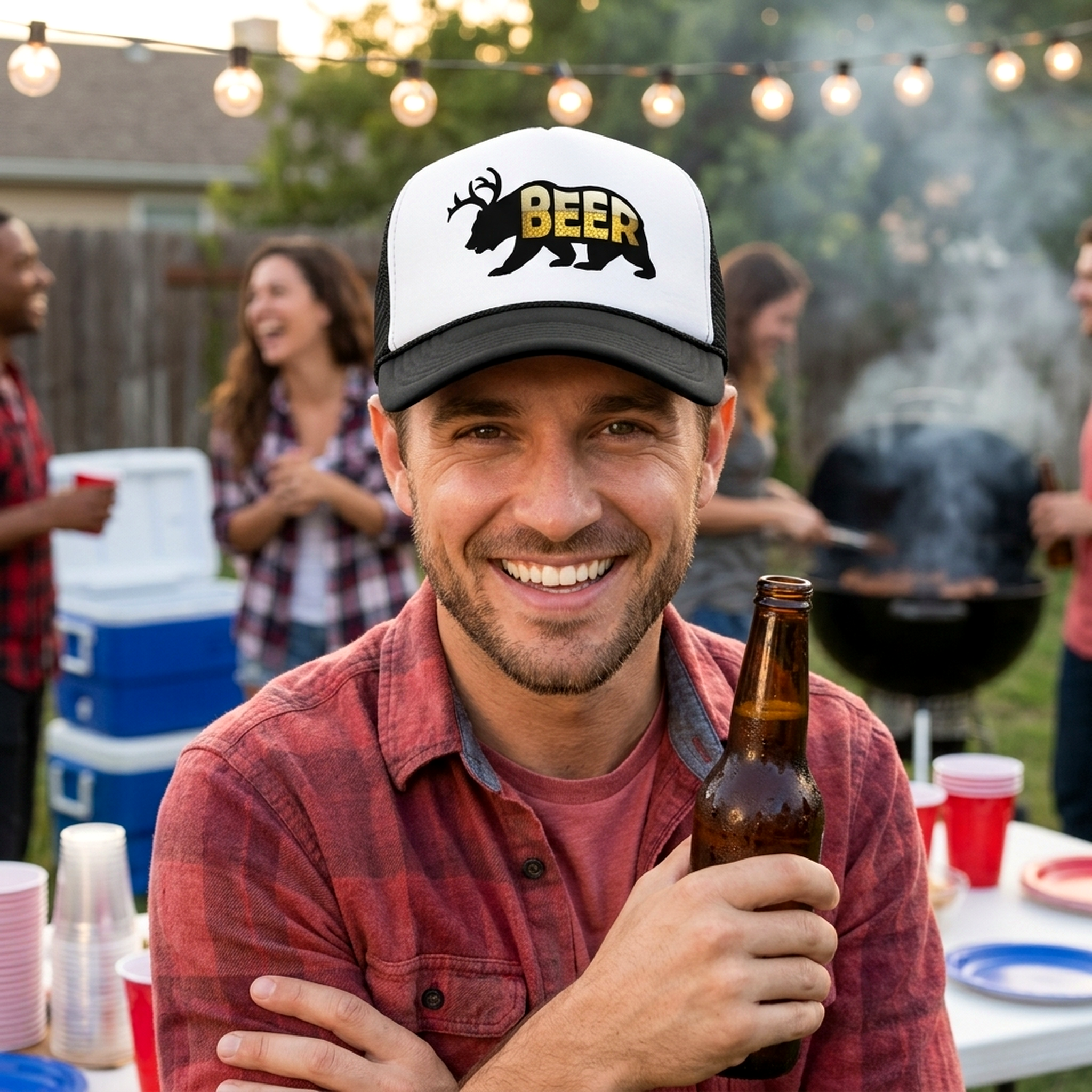 Beer Bear with Antlers - Five Panel Retro Style TRUCKER Cap
