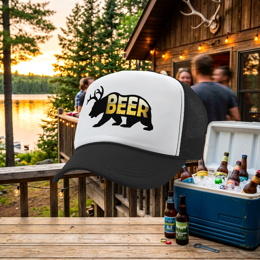 Beer Bear with Antlers - Five Panel Retro Style TRUCKER Cap