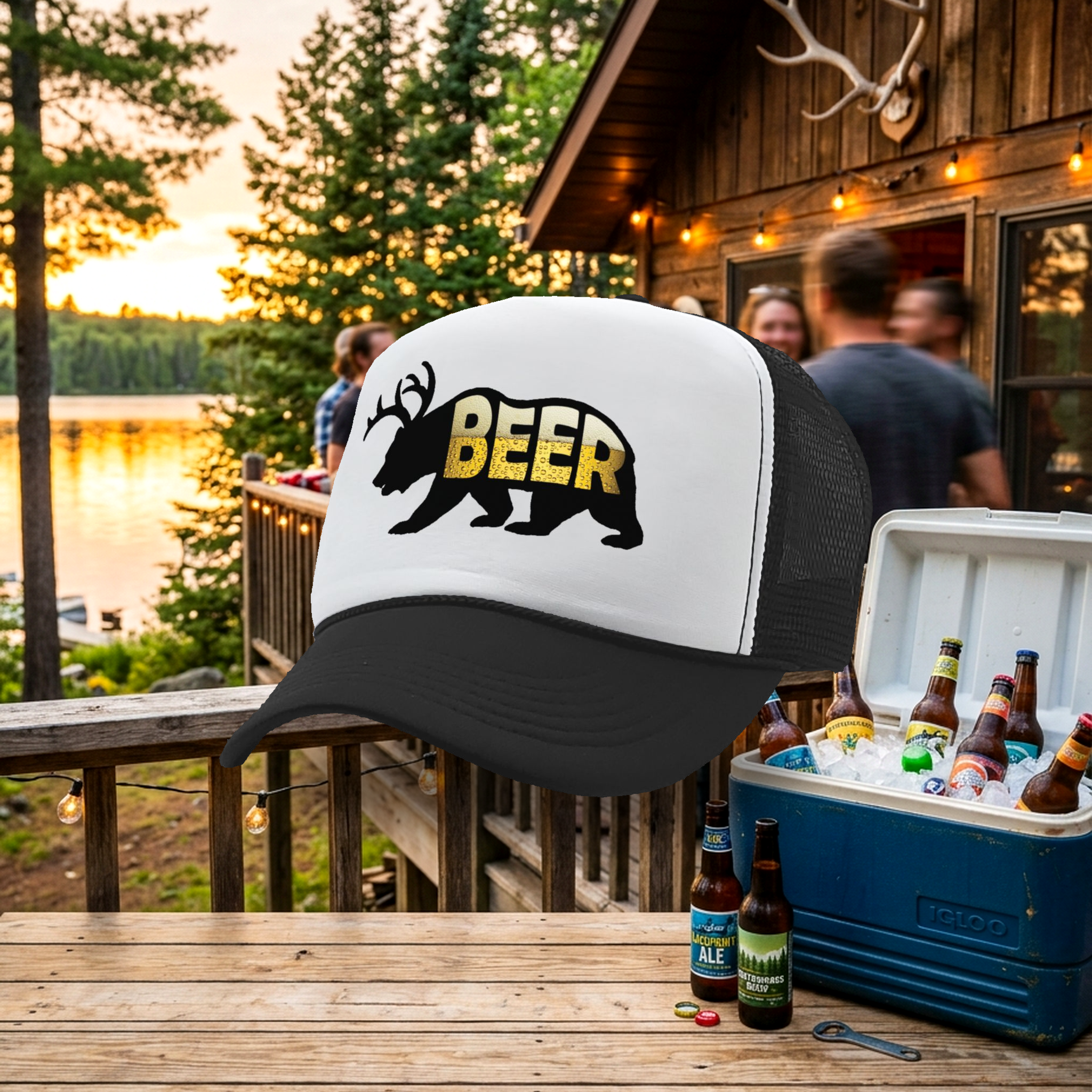 Beer Bear with Antlers - Five Panel Retro Style TRUCKER Cap