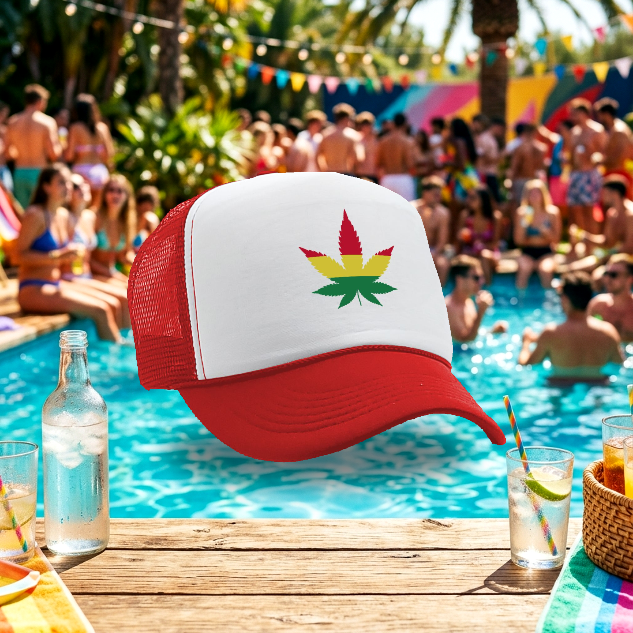 RASTA POT LEAF - Five Panel Retro Style TRUCKER Cap
