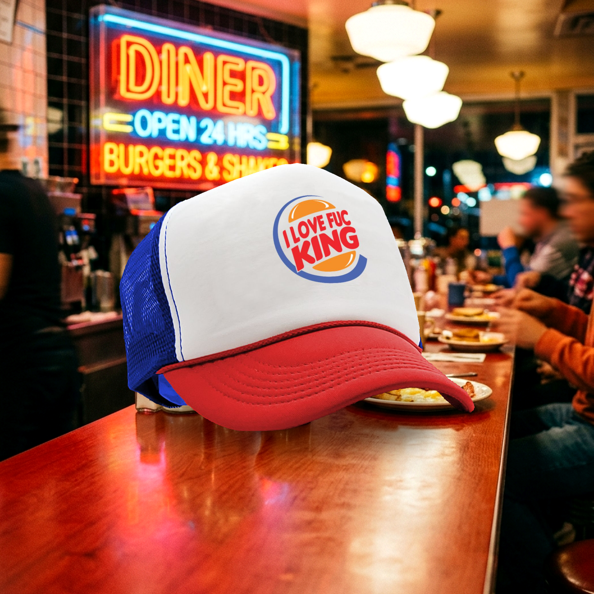 I LOVE F---ING - Burger Logo Parody - Five Panel Retro Style TRUCKER Cap