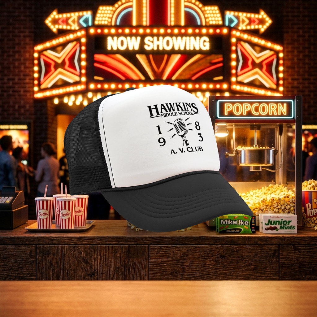 HAWKINS MIDDLE SCHOOL - AV CLUB - stranger - Vintage Retro Style Trucker Cap Hat - Five Panel Retro Style TRUCKER Cap