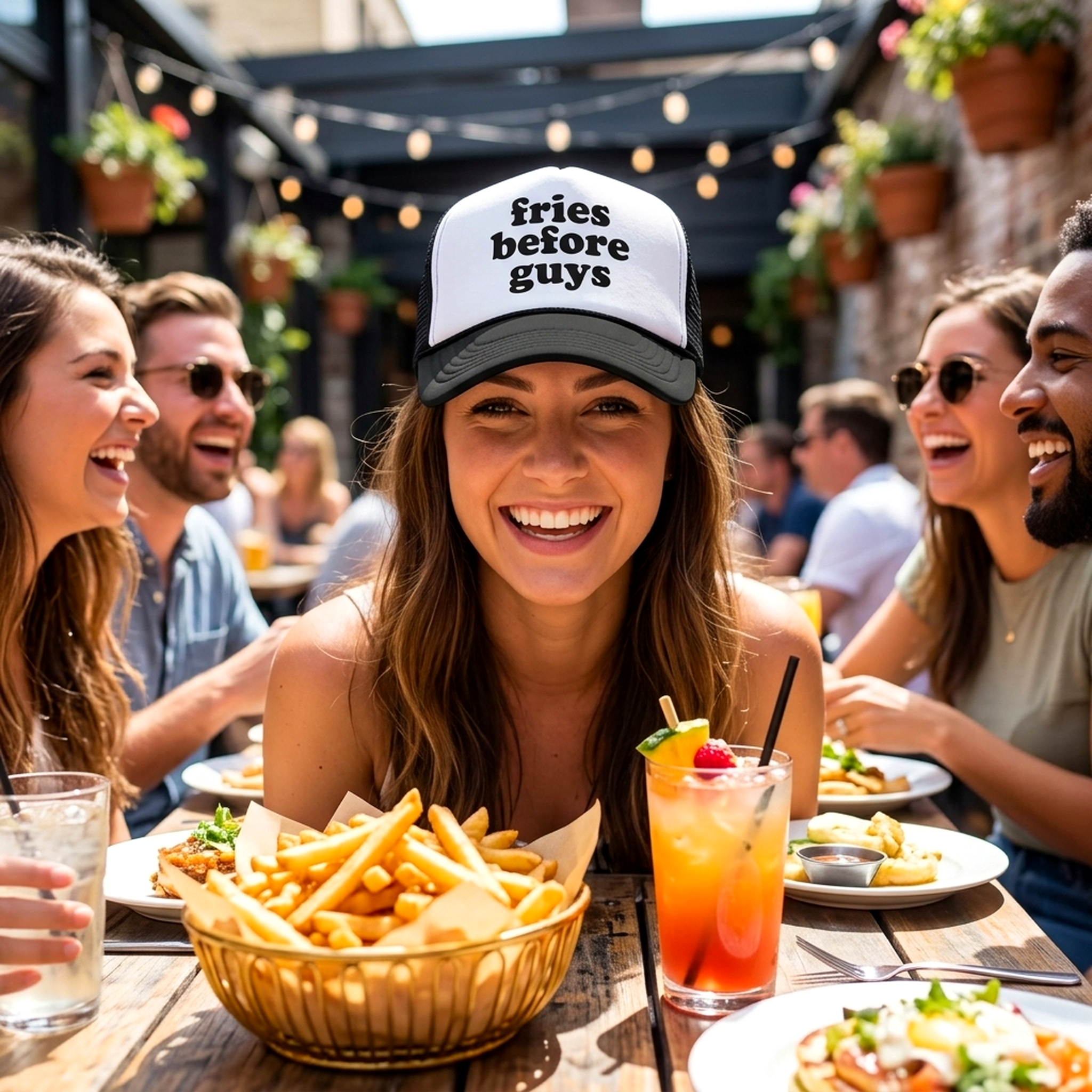 FRIES BEFORE GUYS - funny lady joke - Vintage Retro Style Trucker Cap Hat - Five Panel Retro Style TRUCKER Cap