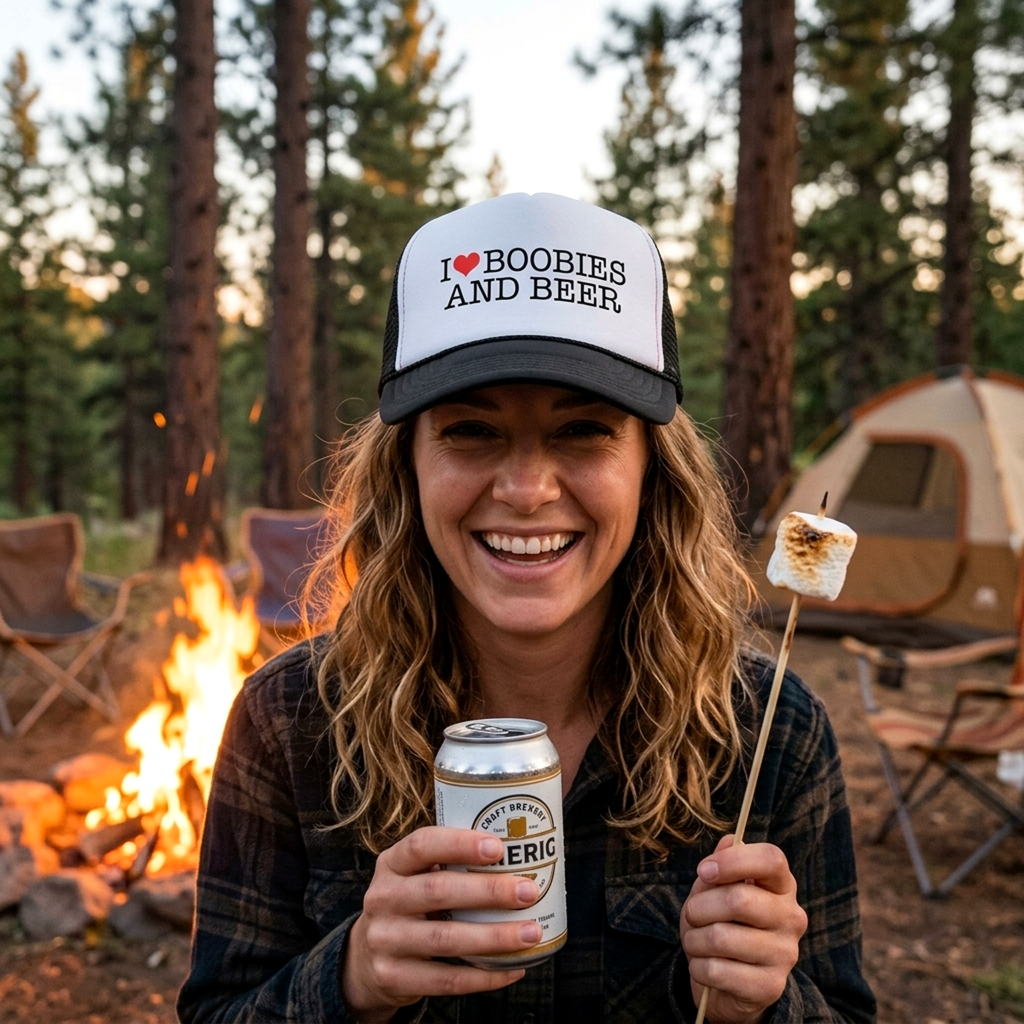 I Heart BOOBIES and BEER - Retro Vintage Mesh Trucker Cap Hat - Five Panel Retro Style TRUCKER Cap