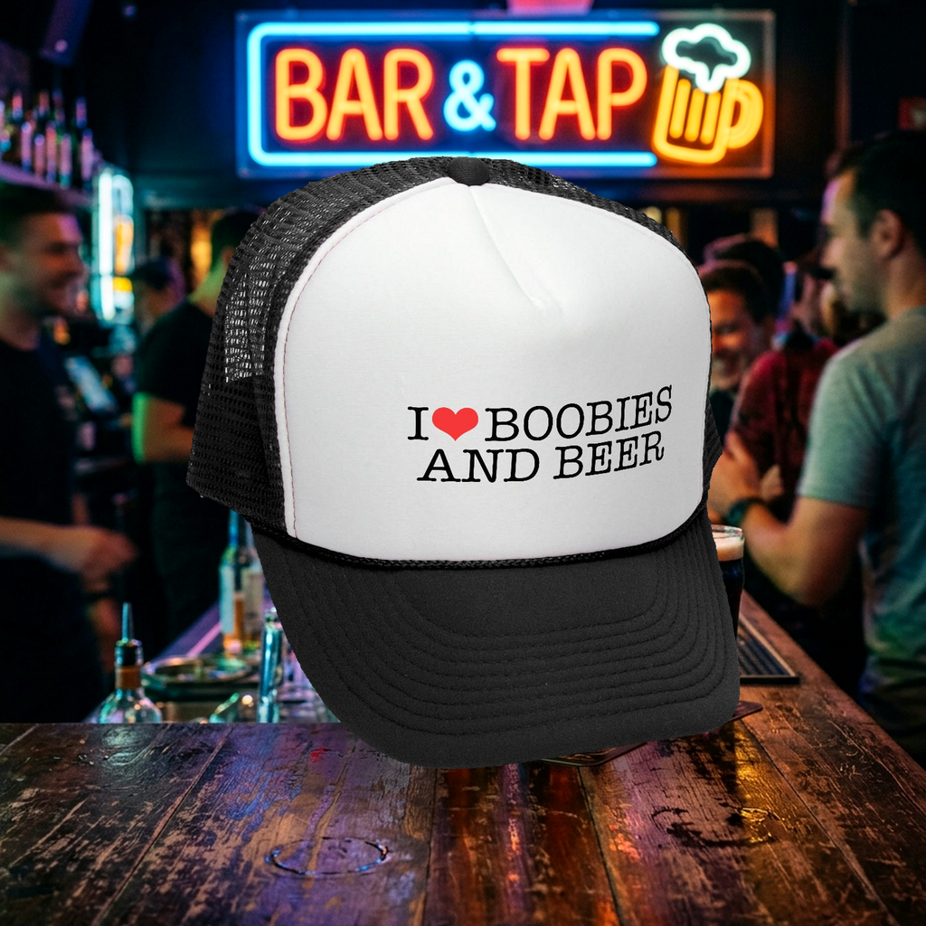 I Heart BOOBIES and BEER - Retro Vintage Mesh Trucker Cap Hat - Five Panel Retro Style TRUCKER Cap