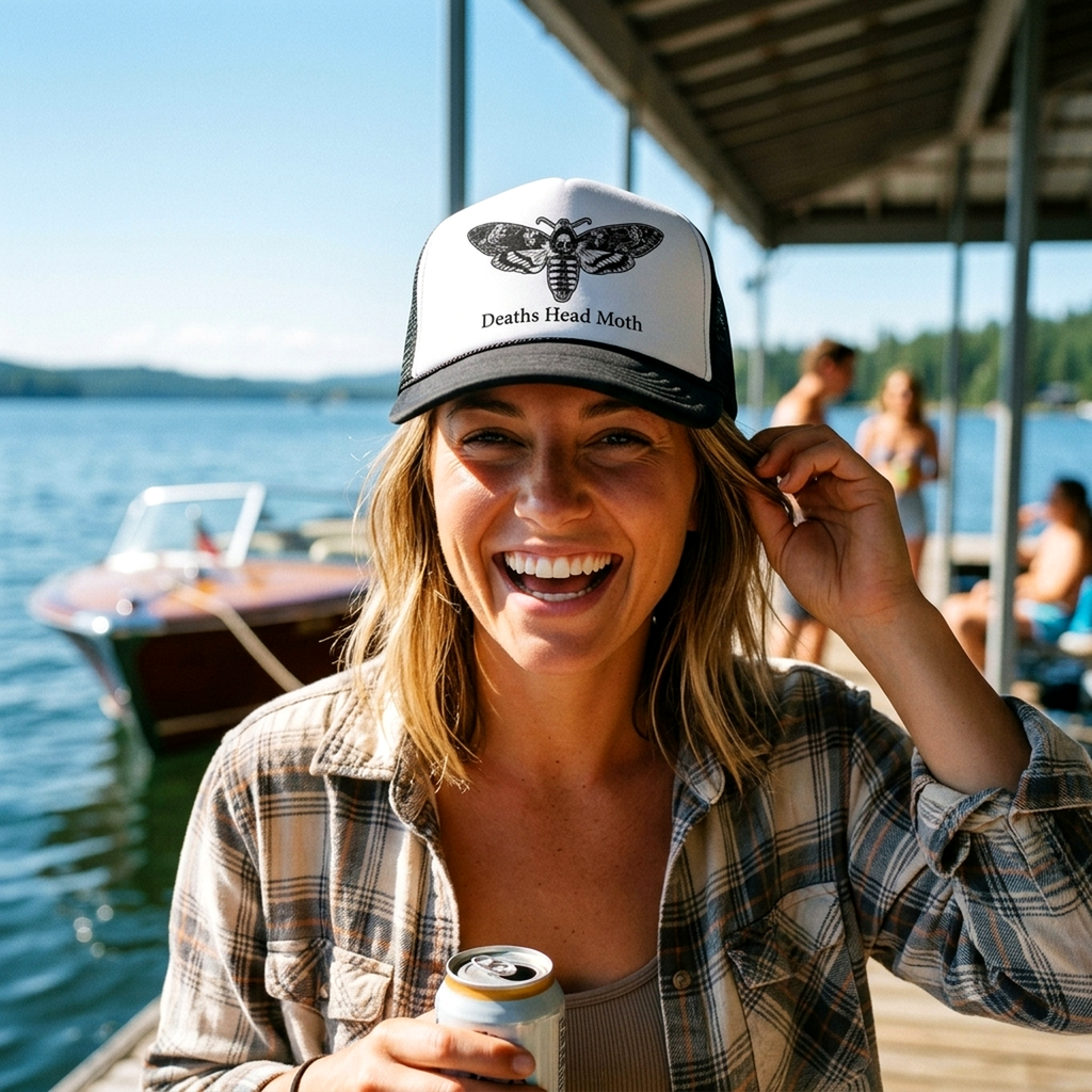 Death's Head Moth Trucker Hat - Mesh Cap - Five Panel Retro Style TRUCKER Cap
