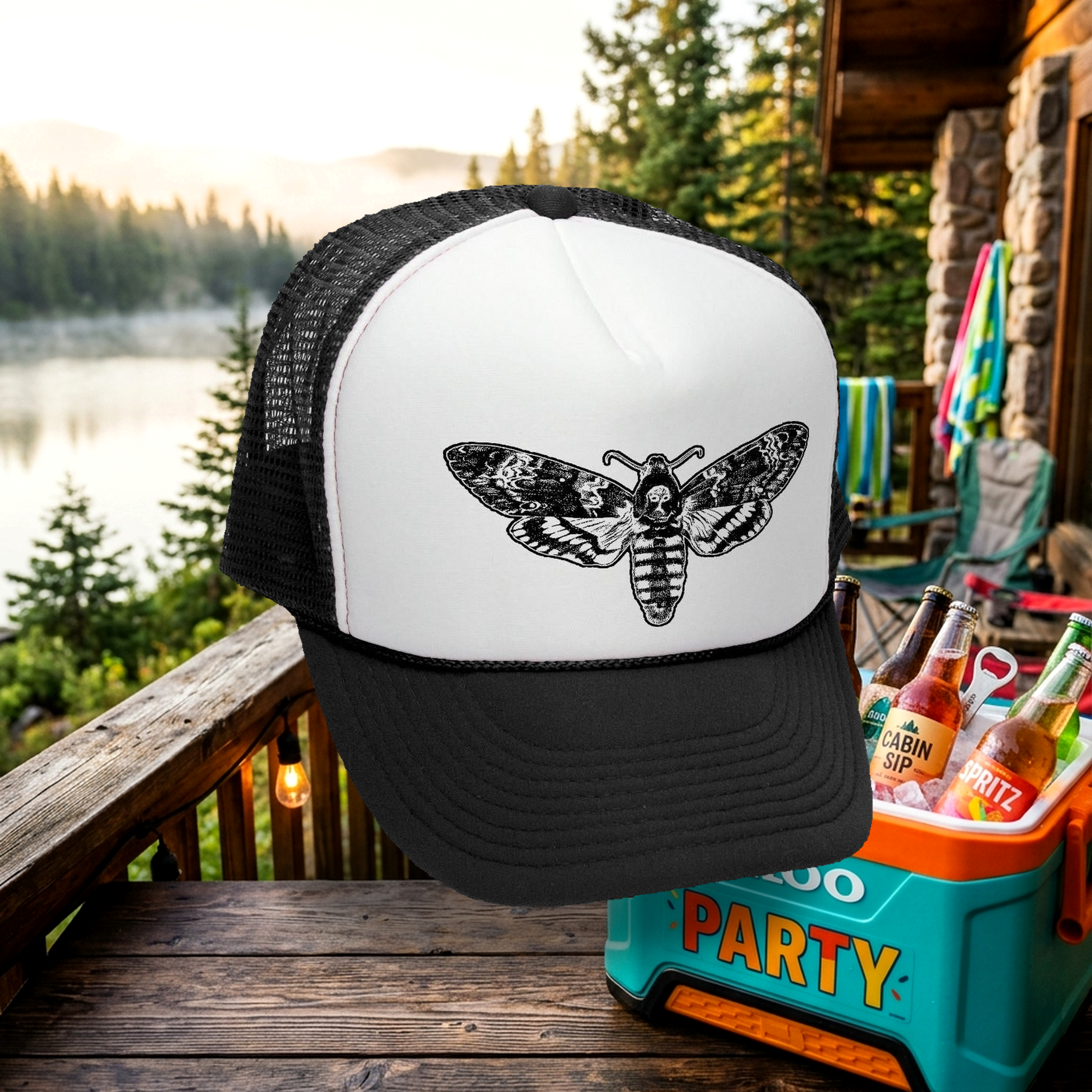 Death's Head Moth Trucker Hat - Mesh Cap - Five Panel Retro Style TRUCKER Cap