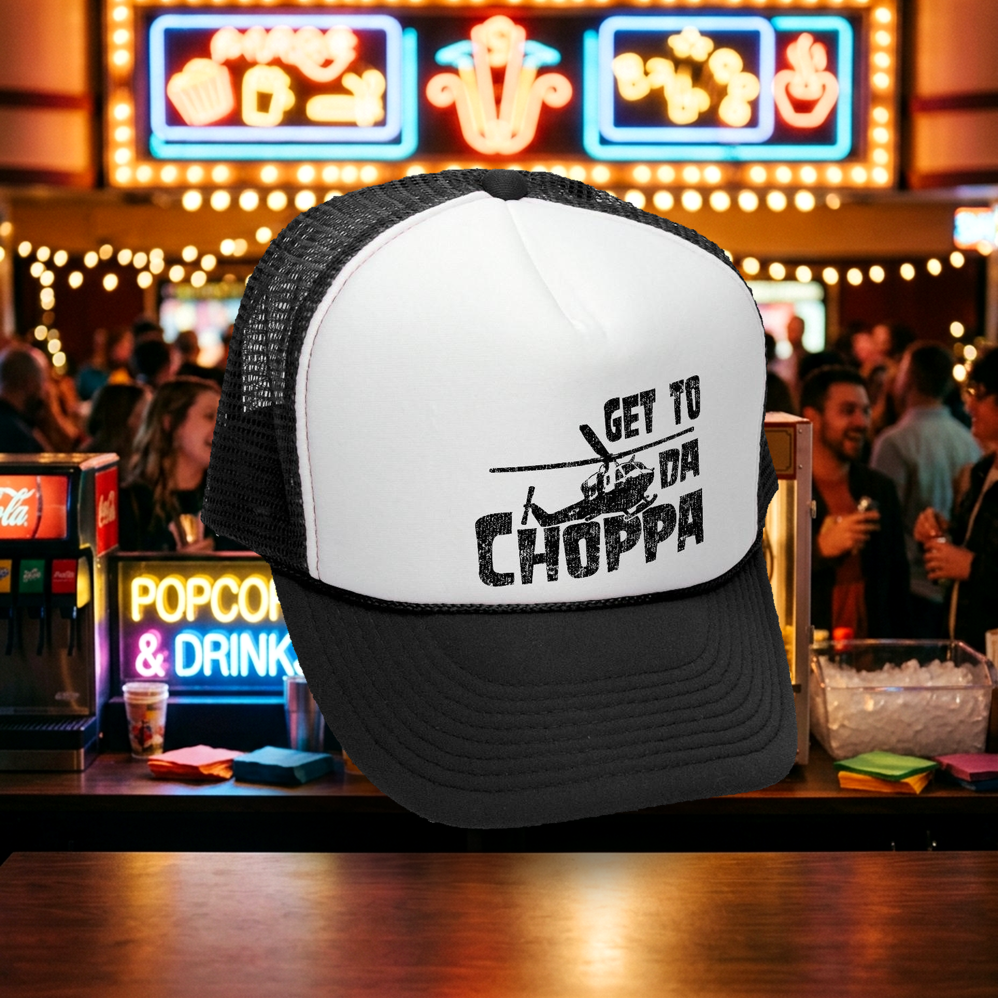 Get to da Choppa Trucker Hat - Mesh Cap - Five Panel Retro Style TRUCKER Cap