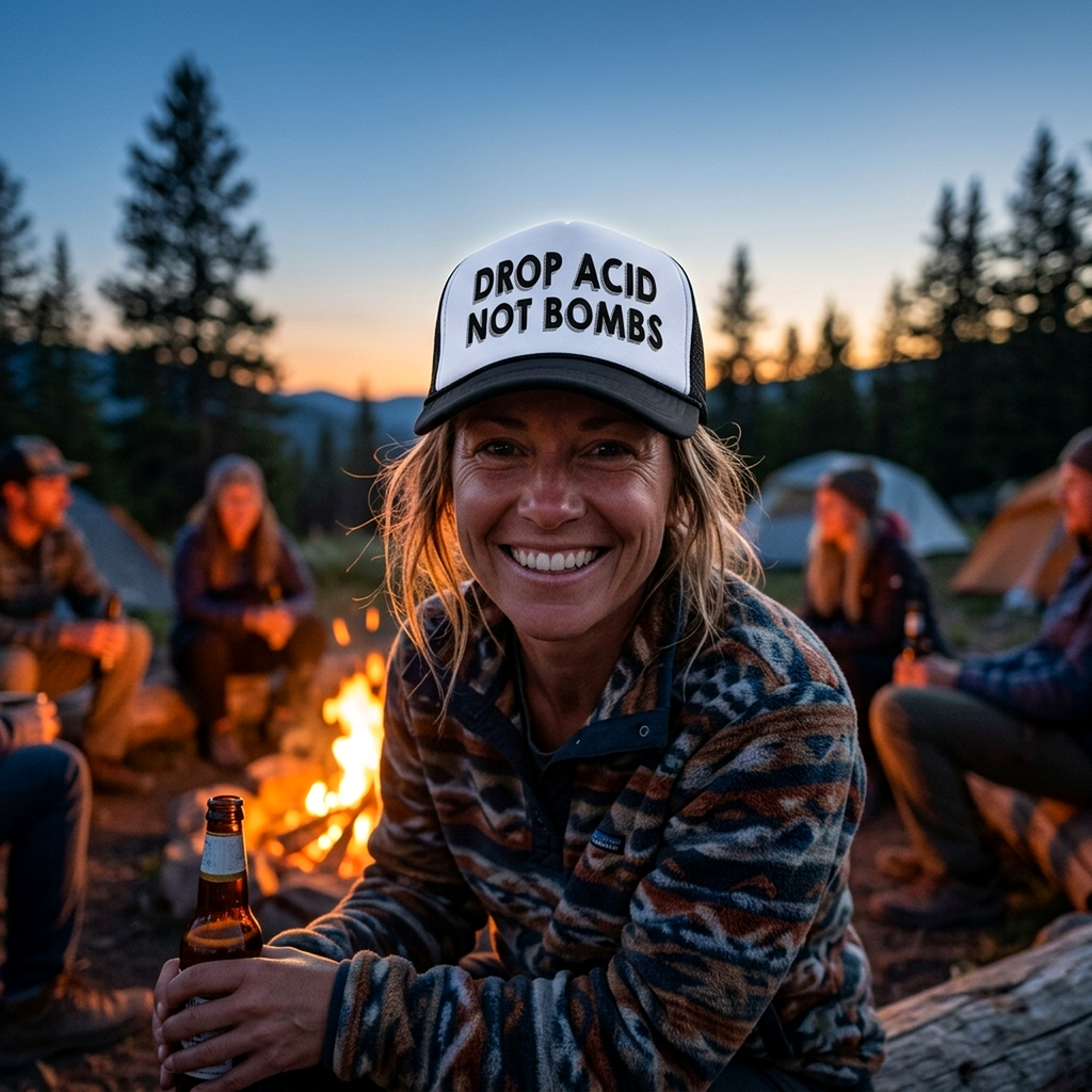 DROP ACID NOT BOMBS - funny drugs anti war - Vintage Retro Style Trucker Cap Hat - Five Panel Retro Style TRUCKER Cap