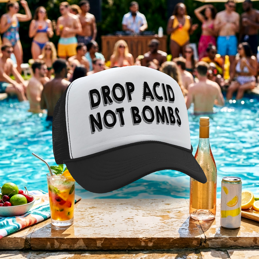 DROP ACID NOT BOMBS - funny drugs anti war - Vintage Retro Style Trucker Cap Hat - Five Panel Retro Style TRUCKER Cap