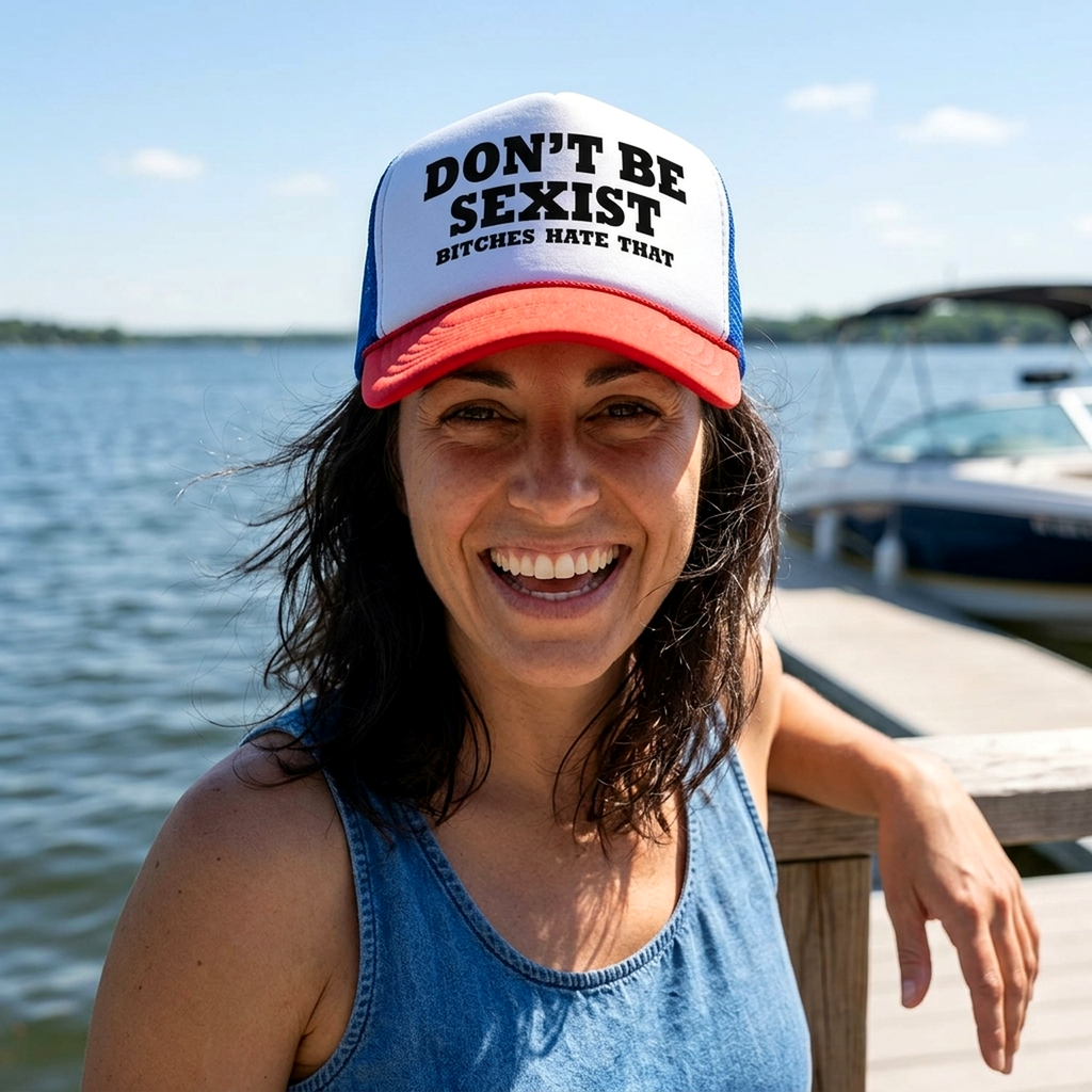 DON'T BE SEXIST - bitches hate that! funny - Vintage Retro Style Trucker Cap Hat - Five Panel Retro Style TRUCKER Cap