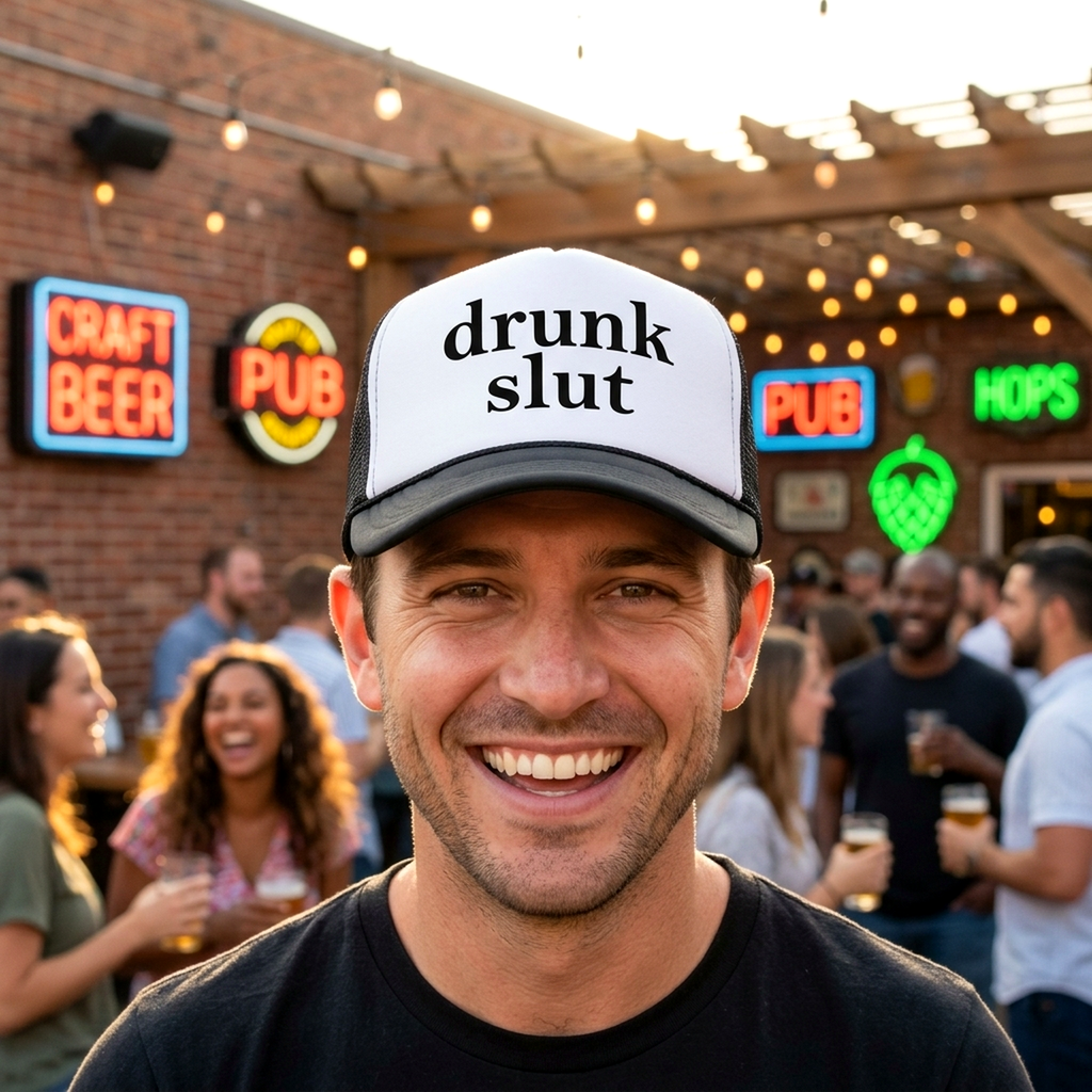 DRUNK SLUT - party frat college beer drink - Vintage Retro Style Trucker Cap Hat - Five Panel Retro Style TRUCKER Cap