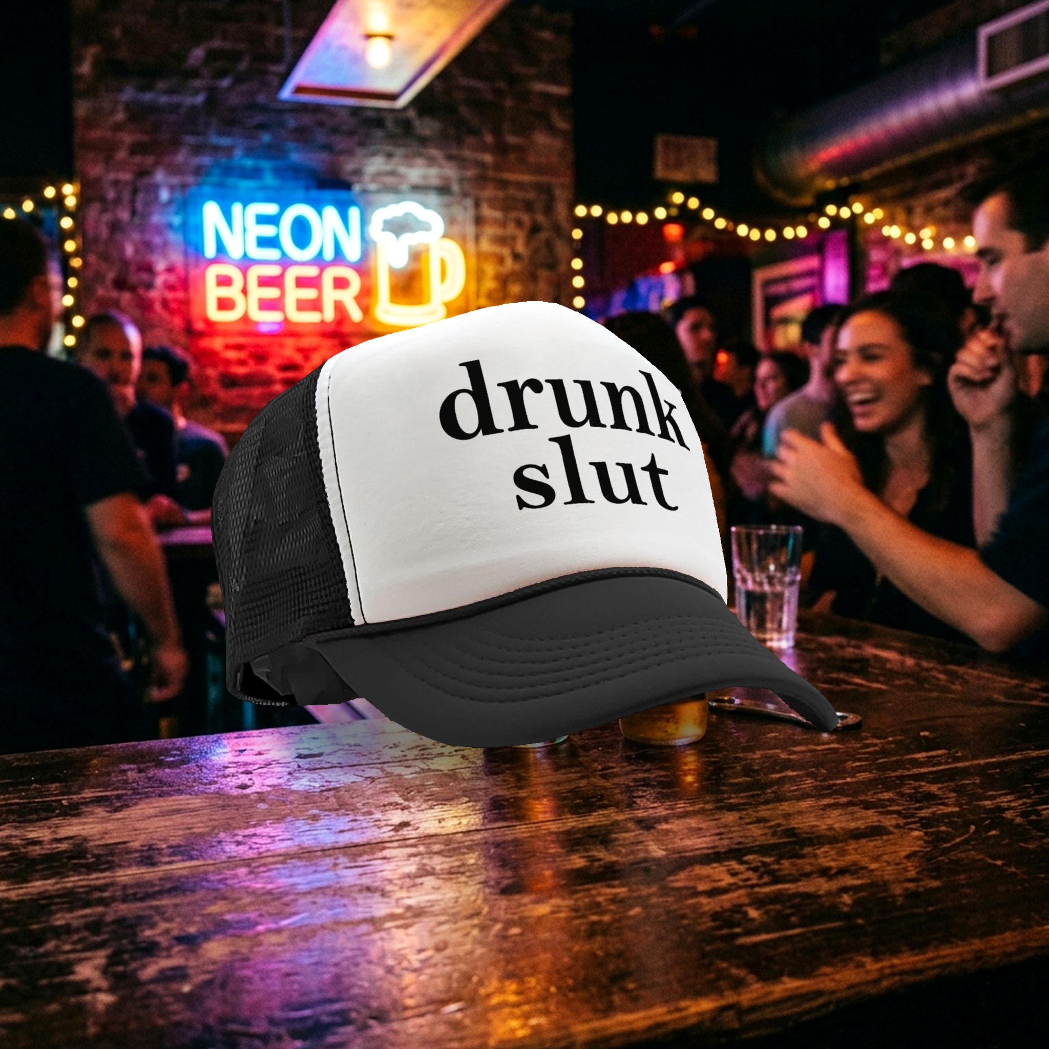 DRUNK SLUT - party frat college beer drink - Vintage Retro Style Trucker Cap Hat - Five Panel Retro Style TRUCKER Cap