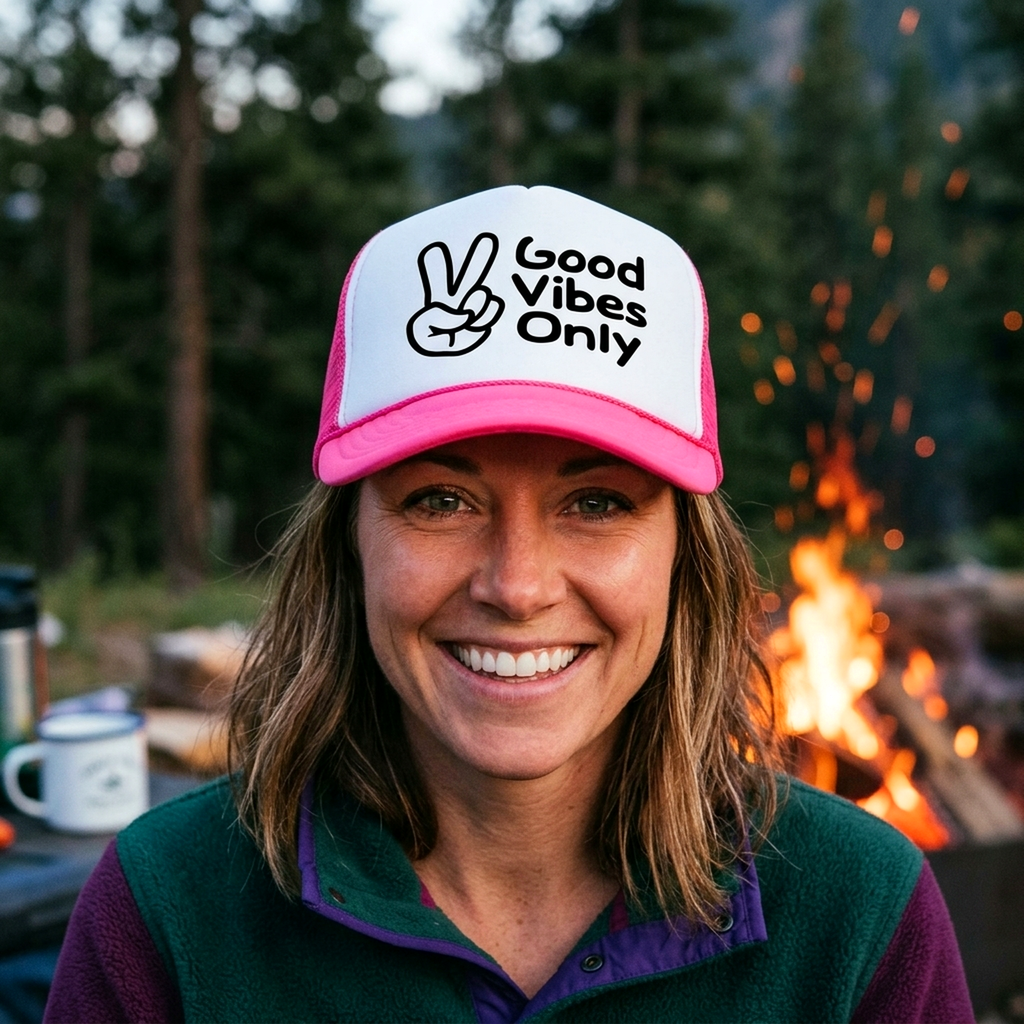 Good Vibes Only - TRUCKER HAT - Mesh Cap - Five Panel Retro Style TRUCKER Cap