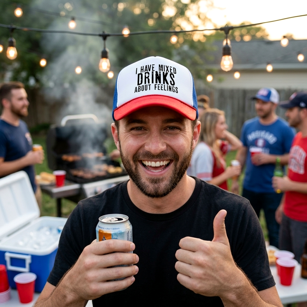 I Have Mixed Drinks About Feelings - Mesh Trucker Hat Cap - Five Panel Retro Style TRUCKER Cap