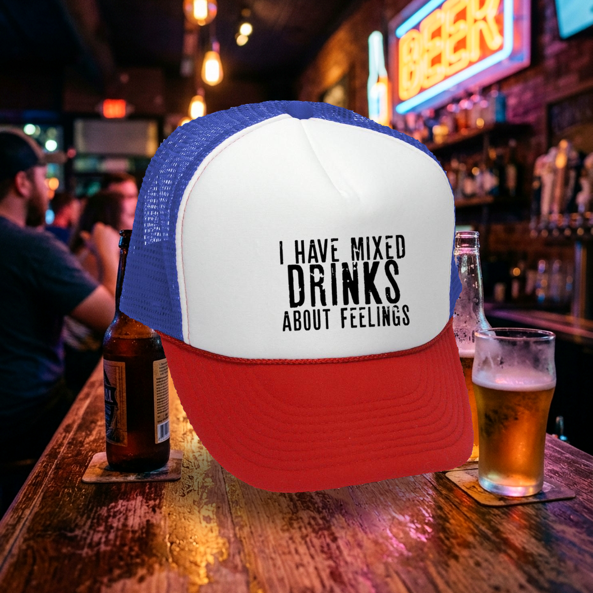 I Have Mixed Drinks About Feelings - Mesh Trucker Hat Cap - Five Panel Retro Style TRUCKER Cap