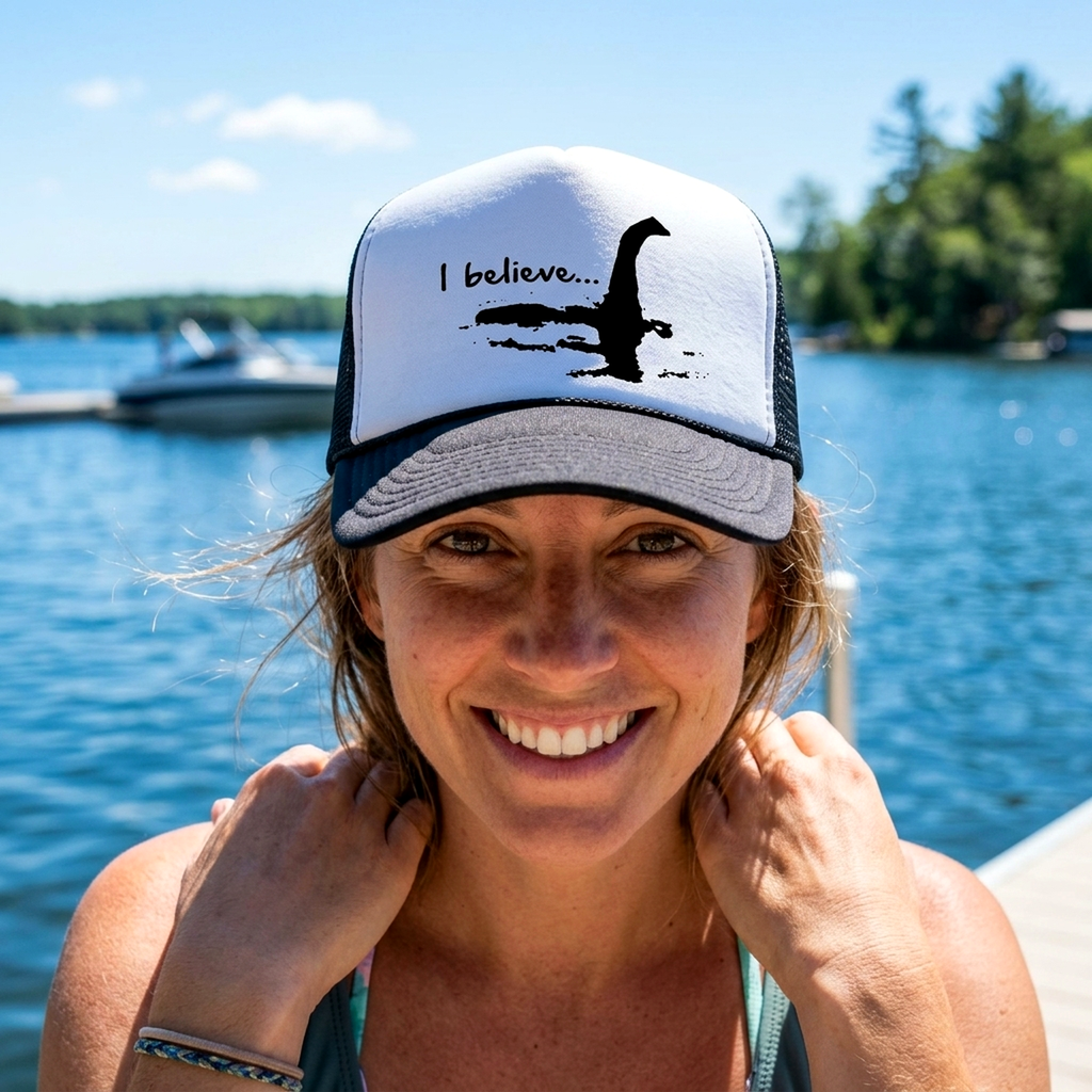 I BELIEVE - Funny Loch Ness Monster - Retro Vintage Style Mesh Trucker Cap Hat - Five Panel Retro Style TRUCKER Cap