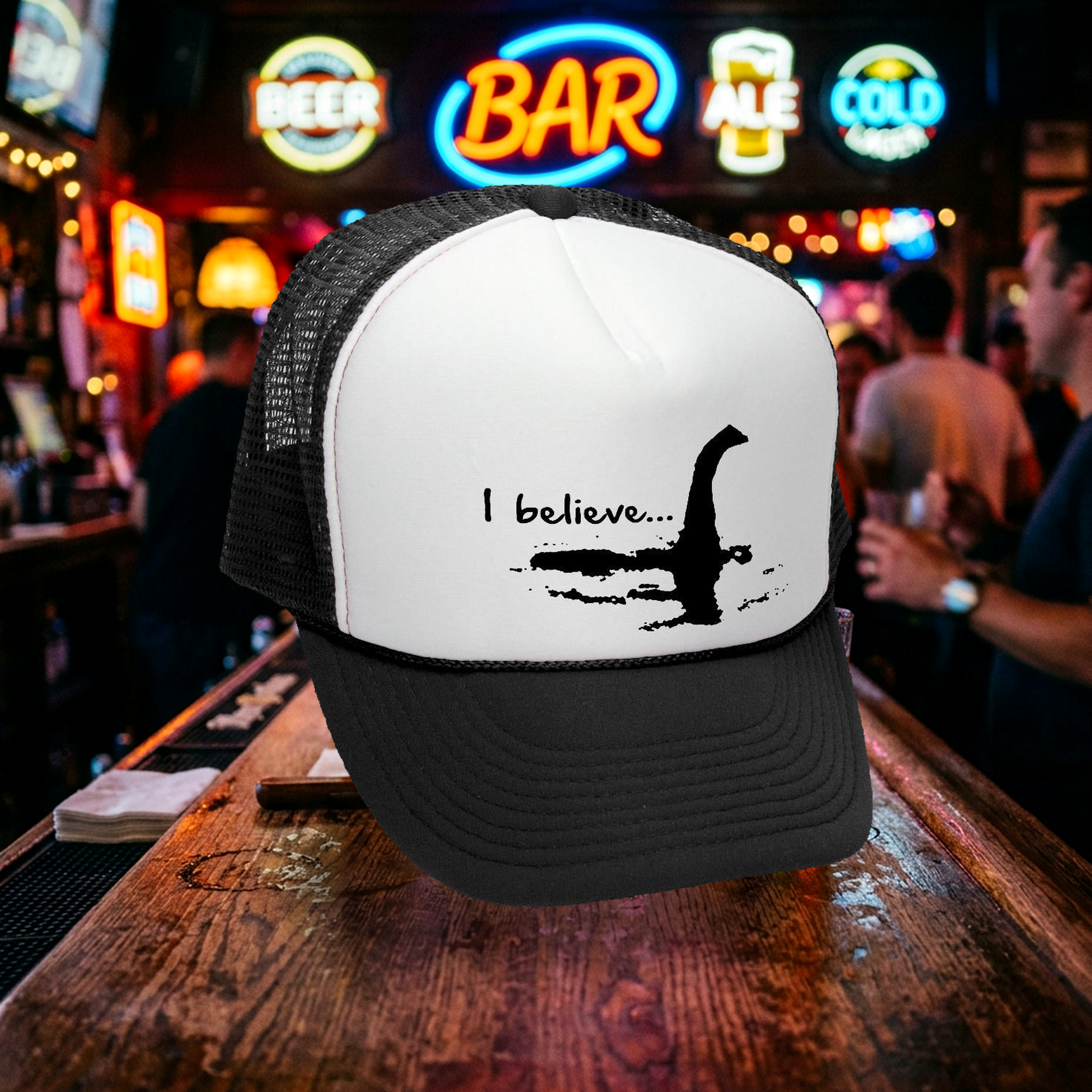 I BELIEVE - Funny Loch Ness Monster - Retro Vintage Style Mesh Trucker Cap Hat - Five Panel Retro Style TRUCKER Cap