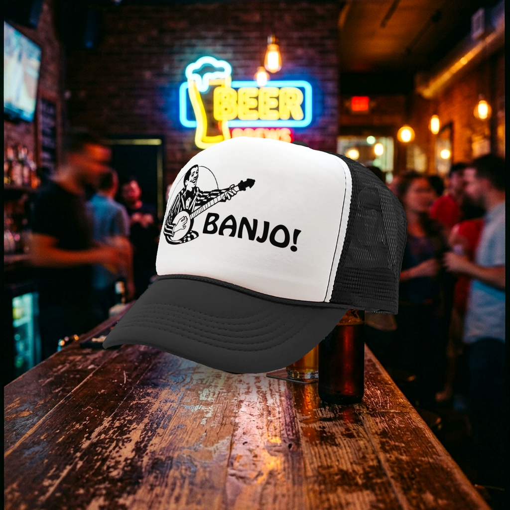 HIPSTER BANJO - deliver music hills - Vintage Retro Style Trucker Cap Hat - Five Panel Retro Style TRUCKER Cap