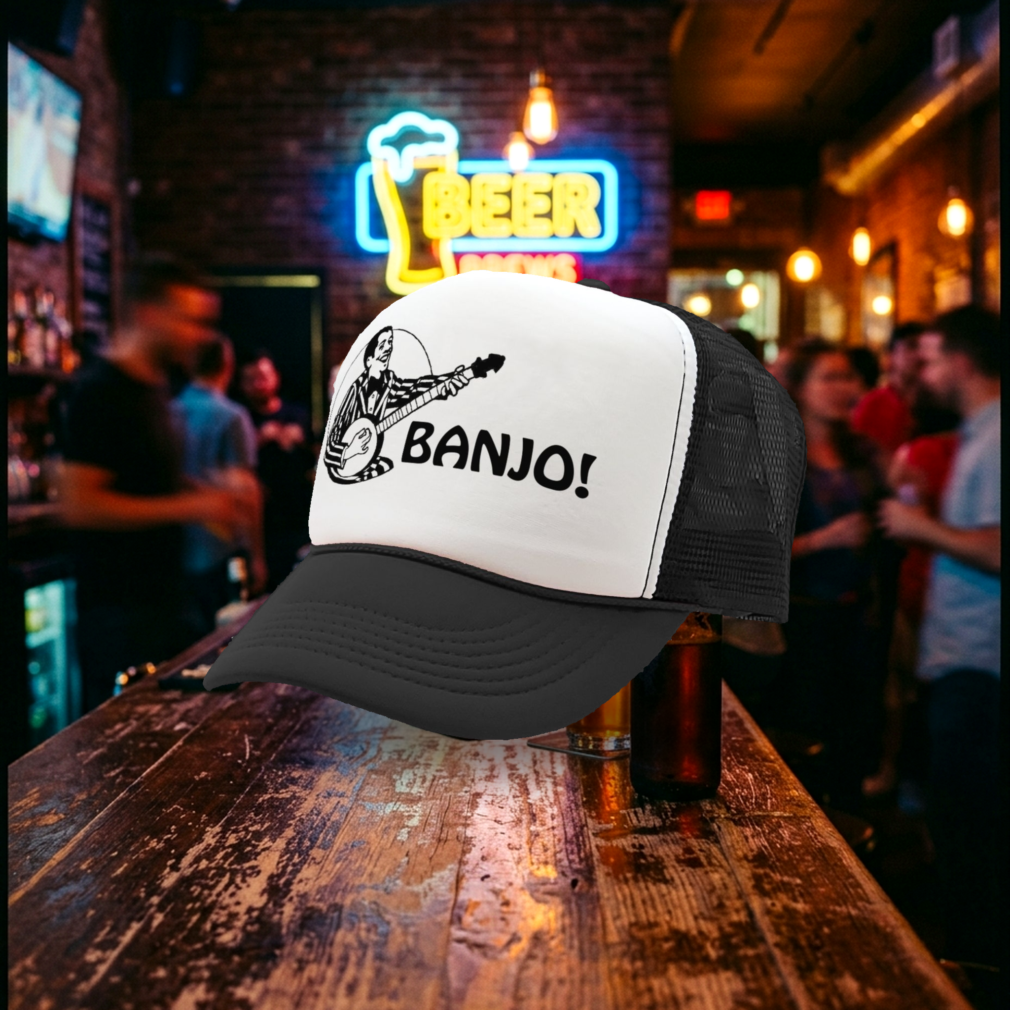 HIPSTER BANJO - deliver music hills - Vintage Retro Style Trucker Cap Hat - Five Panel Retro Style TRUCKER Cap