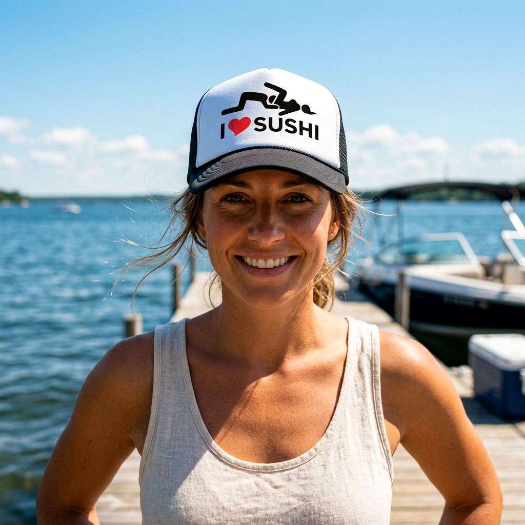 I HEART SUSHI - 69 eat out sexy down town - Vintage Retro Style Trucker Cap Hat - Five Panel Retro Style TRUCKER Cap