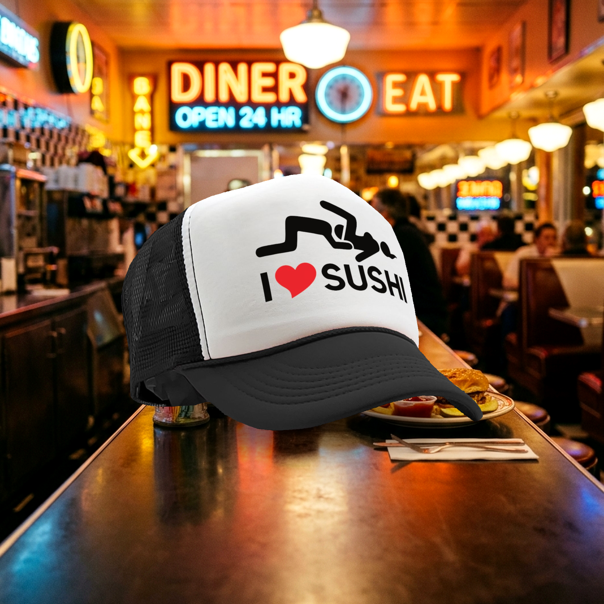 I HEART SUSHI - 69 eat out sexy down town - Vintage Retro Style Trucker Cap Hat - Five Panel Retro Style TRUCKER Cap