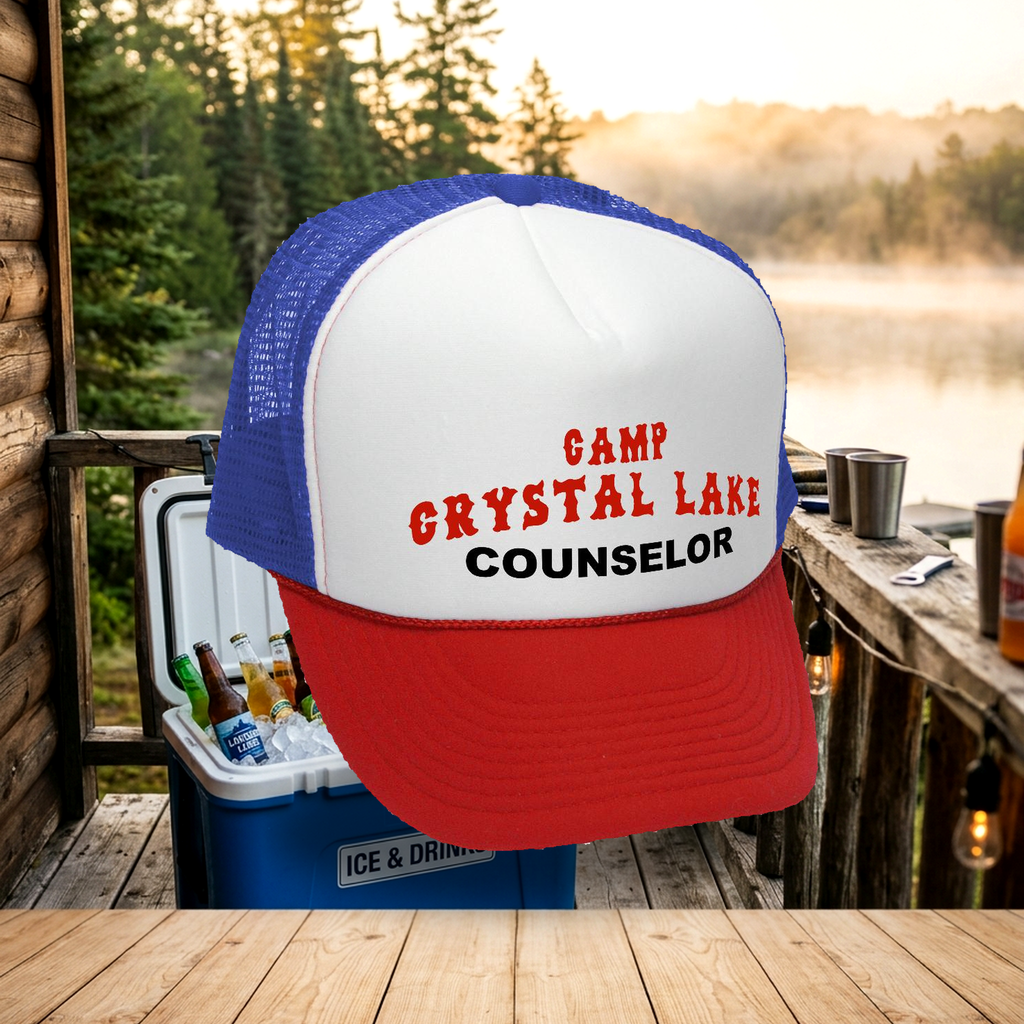 CRYSTAL LAKE COUNSELOR - funny 80s horror movie - Mesh Trucker Hat Cap - Five Panel Retro Style TRUCKER Cap