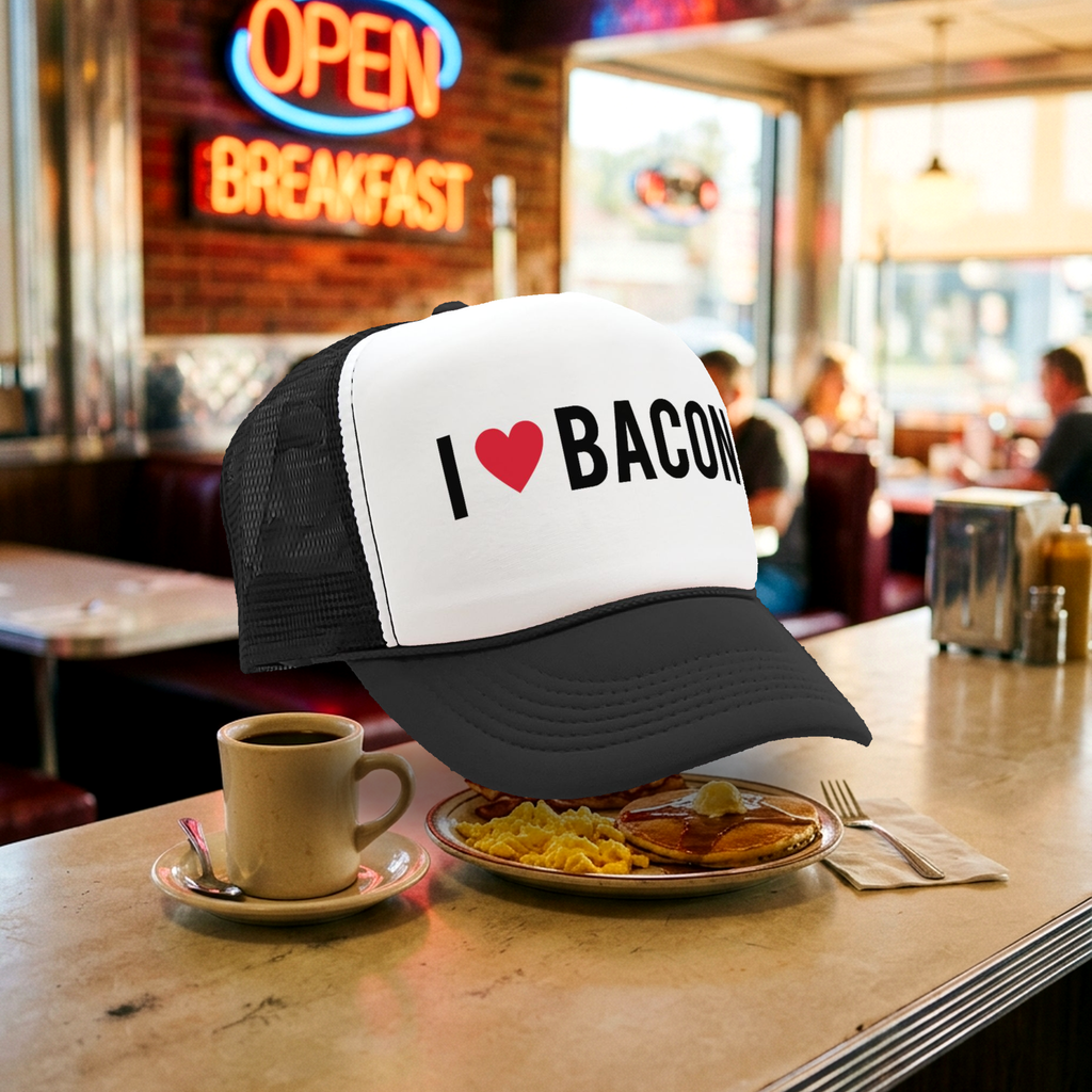 I HEART BACON - grease breakfast food - Vintage Retro Style Trucker Cap Hat - Five Panel Retro Style TRUCKER Cap
