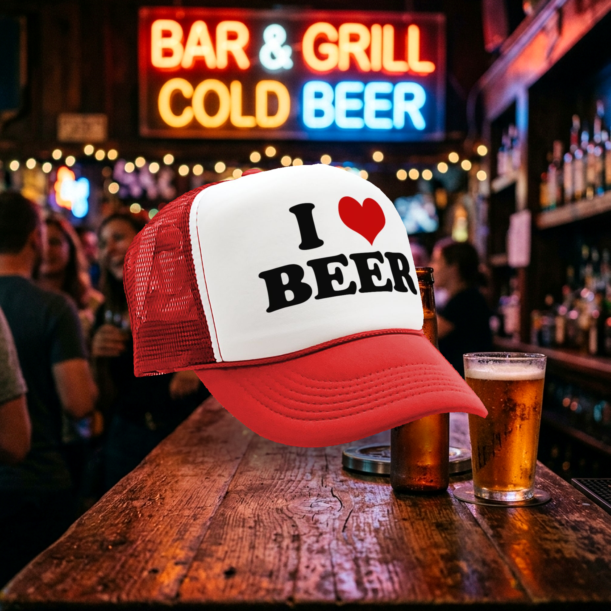I HEART BEER - funny joke party gag - Vintage Retro Style Trucker Cap Hat - Five Panel Retro Style TRUCKER Cap