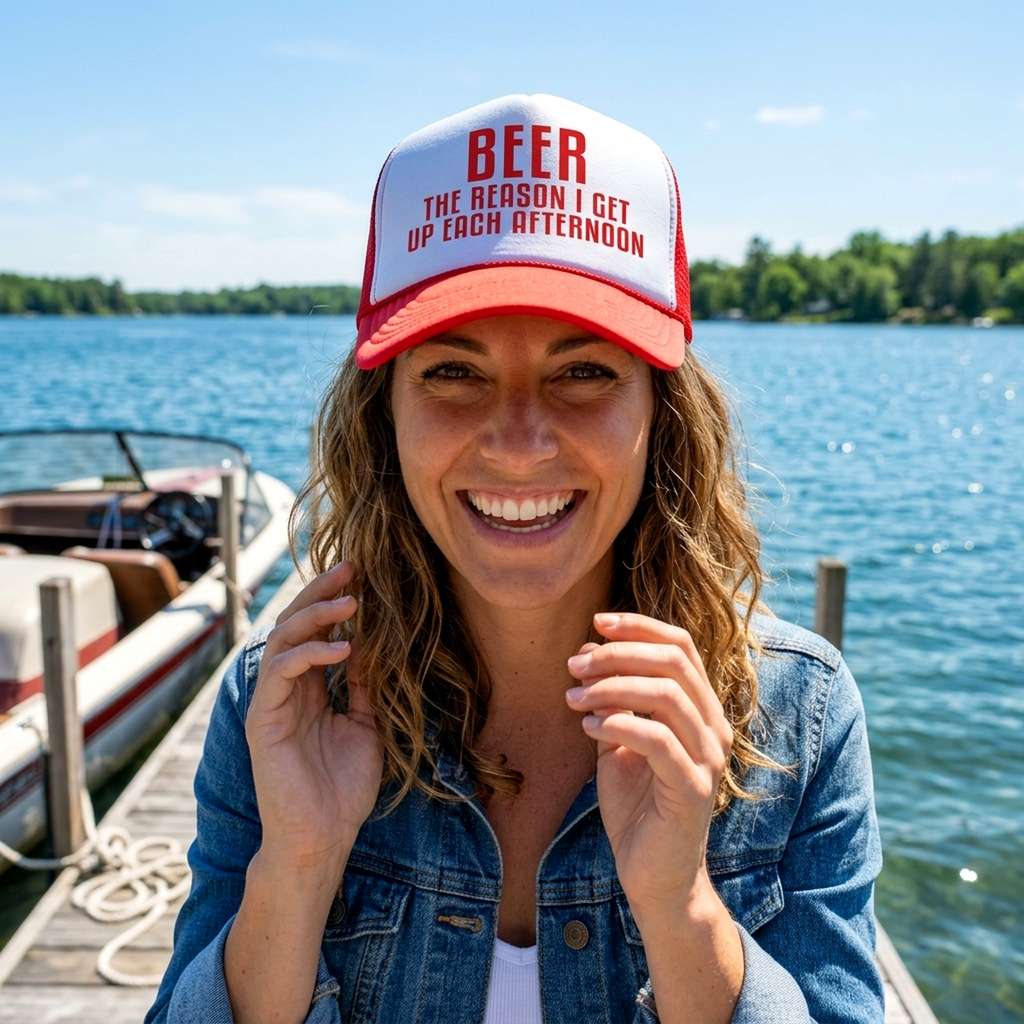 BEER - The Reason I Get up each AFTERNOON - Vintage Retro Style Trucker Cap Hat - Five Panel Retro Style TRUCKER Cap
