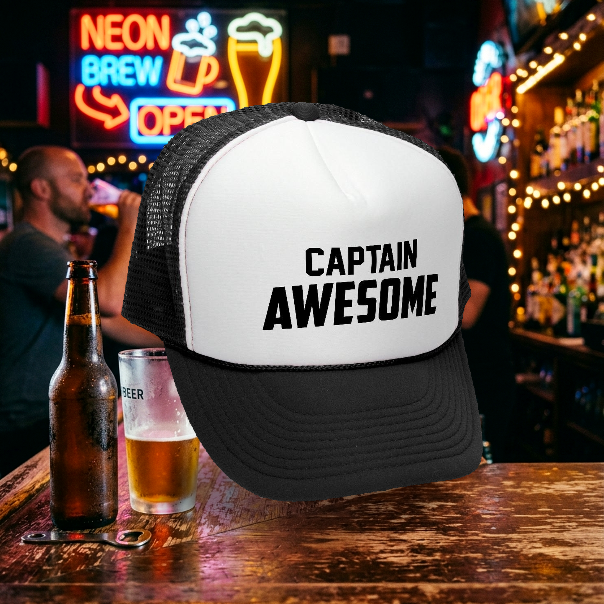 CAPTAIN AWESOME - Retro Vintage Mesh Trucker Cap Hat - Five Panel Retro Style TRUCKER Cap