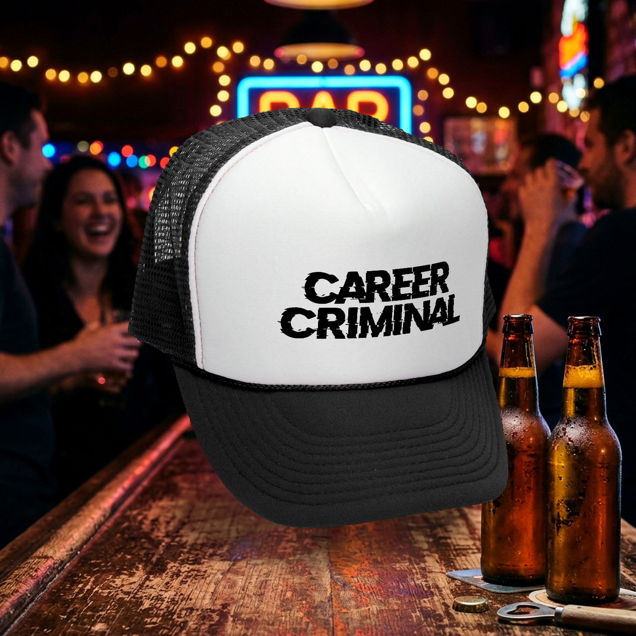 CAREER CRIMINAL - Retro Vintage Mesh Trucker Cap Hat - Five Panel Retro Style TRUCKER Cap