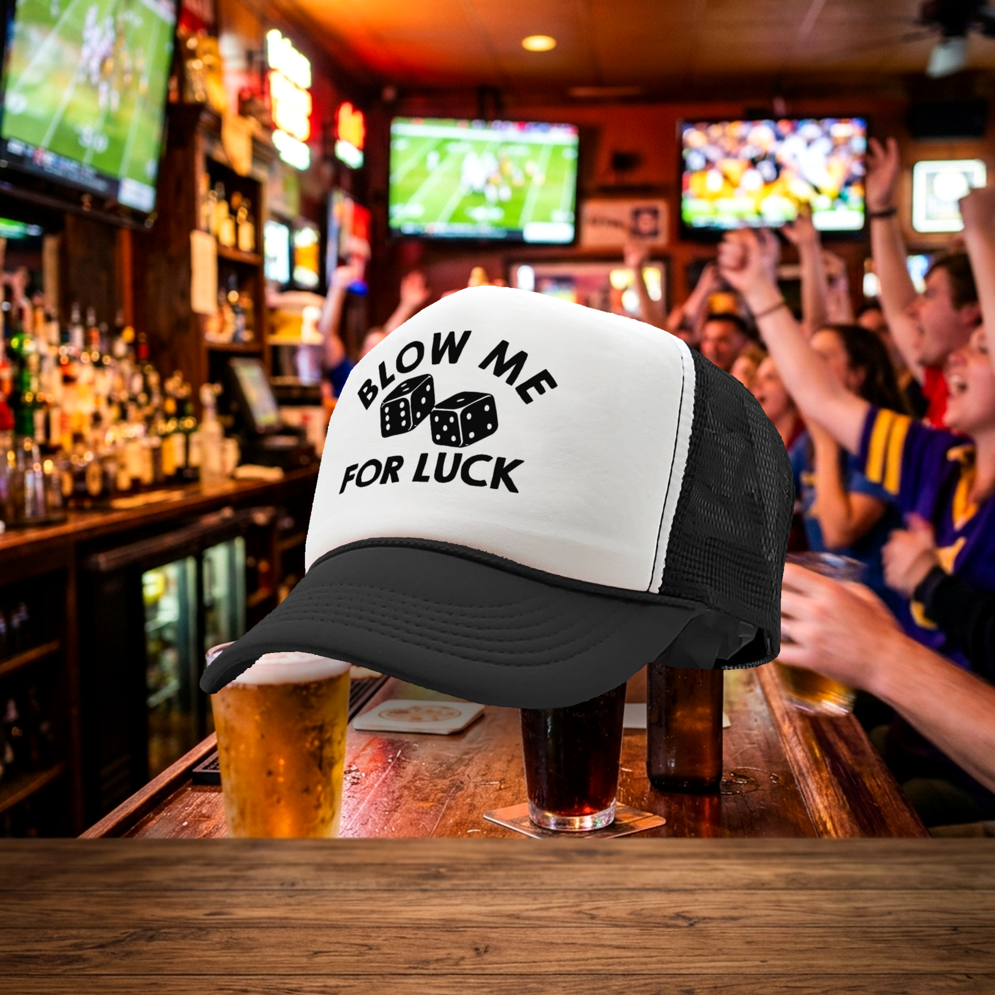 BLOW ME for LUCK - casino craps dice - Vintage Retro Style Trucker Cap Hat - Five Panel Retro Style TRUCKER Cap