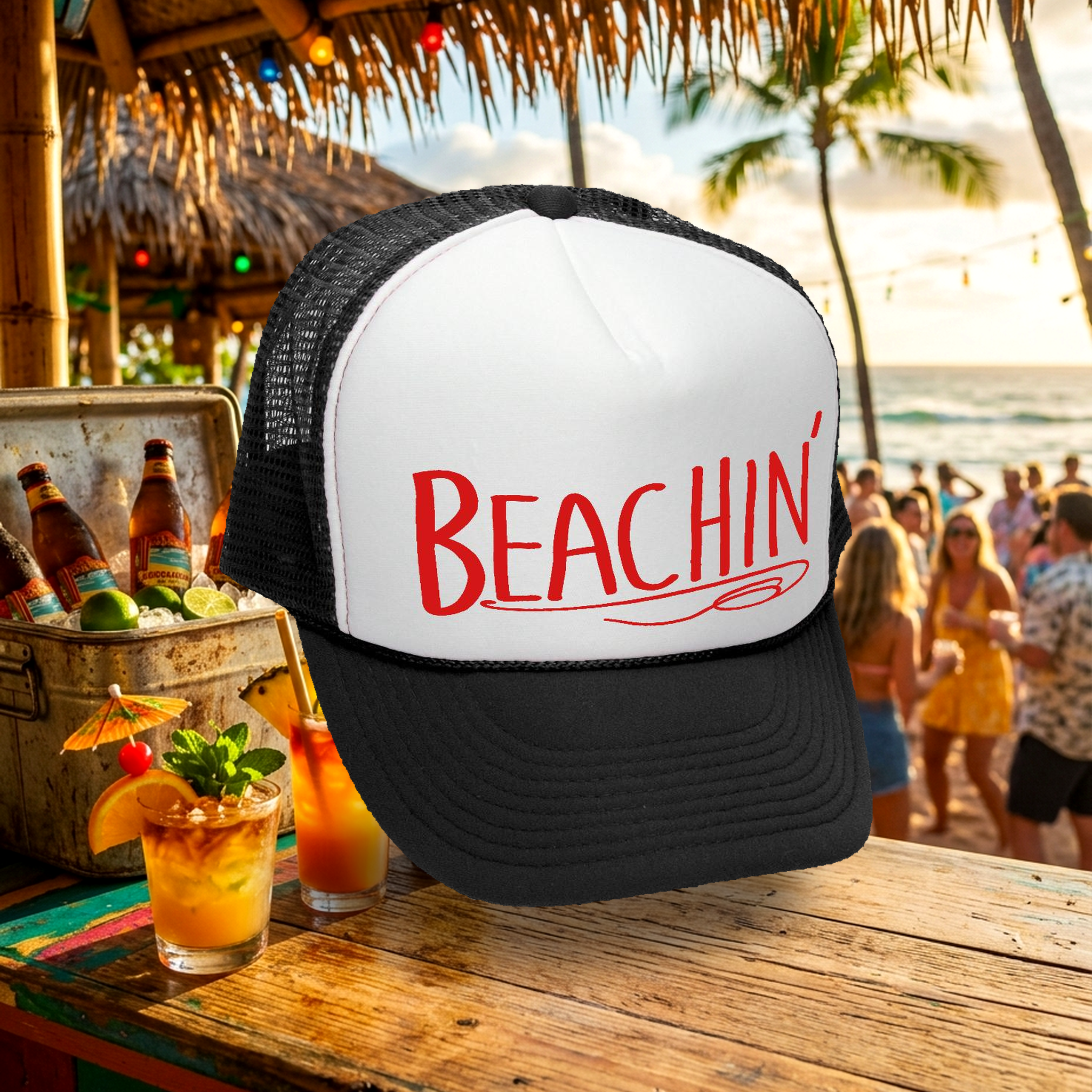 BEACHIN' - summer hawaii beach party vacay - Adult Trucker Cap Hat - Five Panel Retro Style TRUCKER Cap