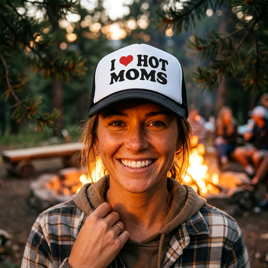 I Heart Hot Moms - Single Sexy Milf Hunter Mom - Vintage Retro Style Trucker Cap Hat - Five Panel Retro Style TRUCKER Cap