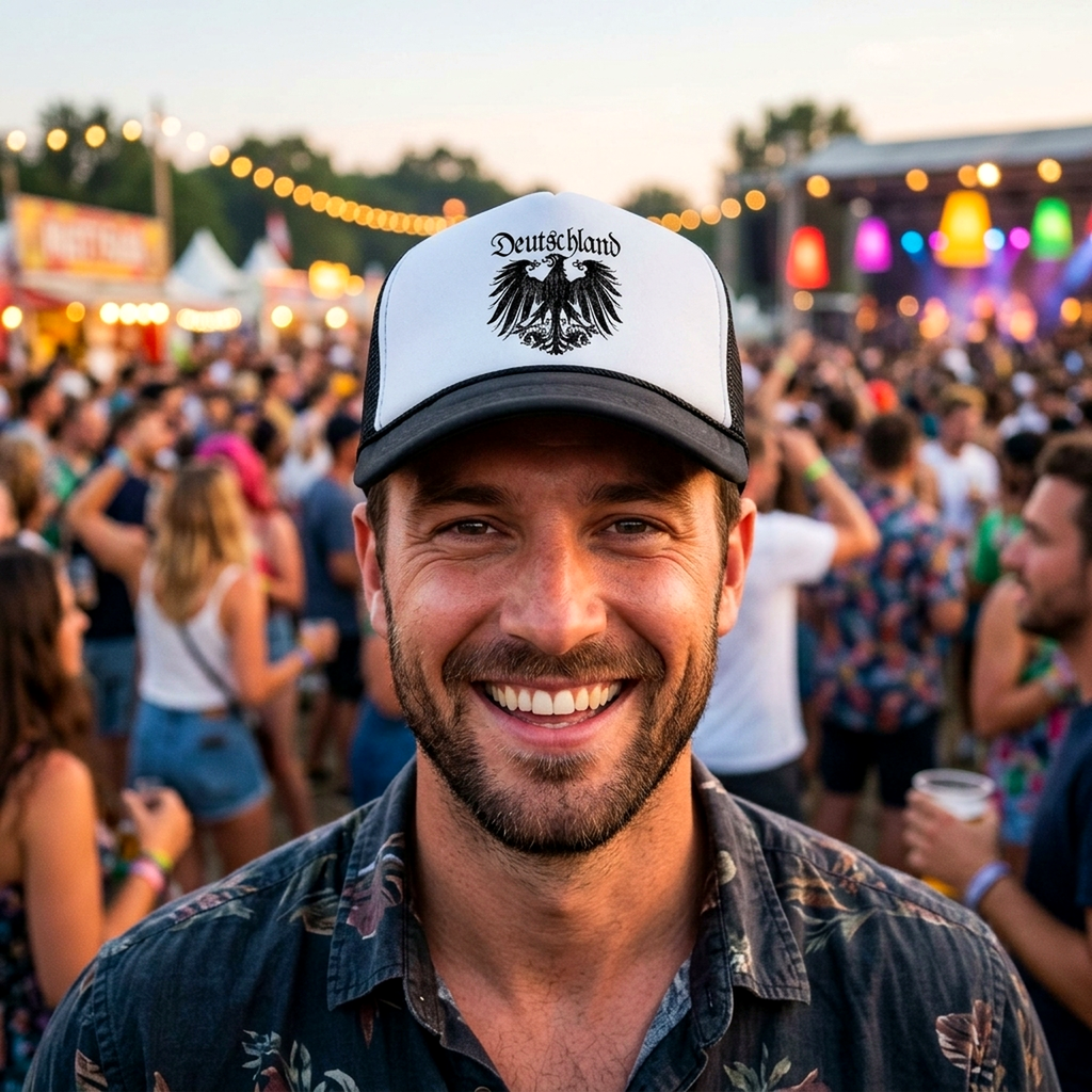 Black Deutschland Eagle Trucker Hat - Flat Bill Snap Back 5 Panel Hat