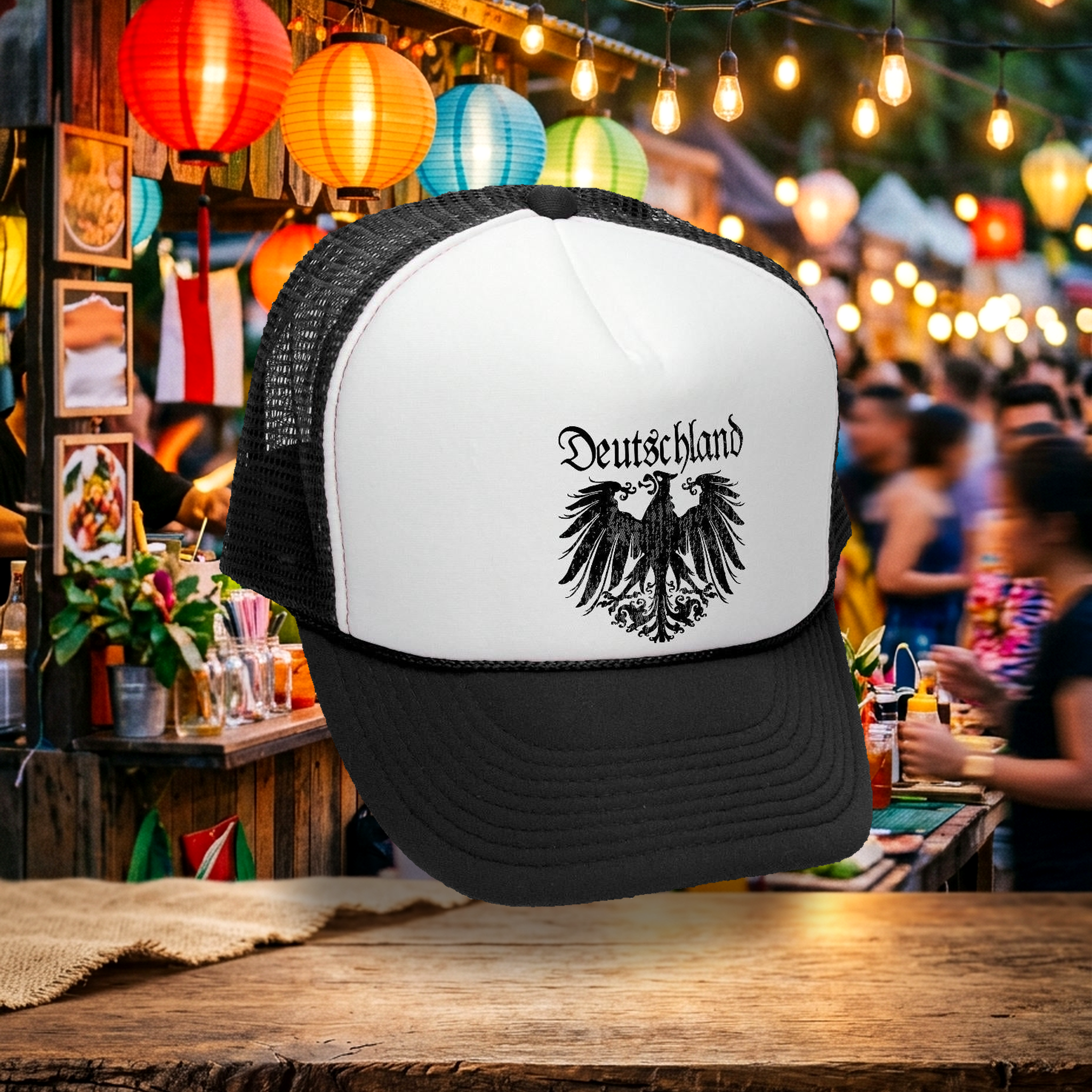 Black Deutschland Eagle Trucker Hat - Flat Bill Snap Back 5 Panel Hat