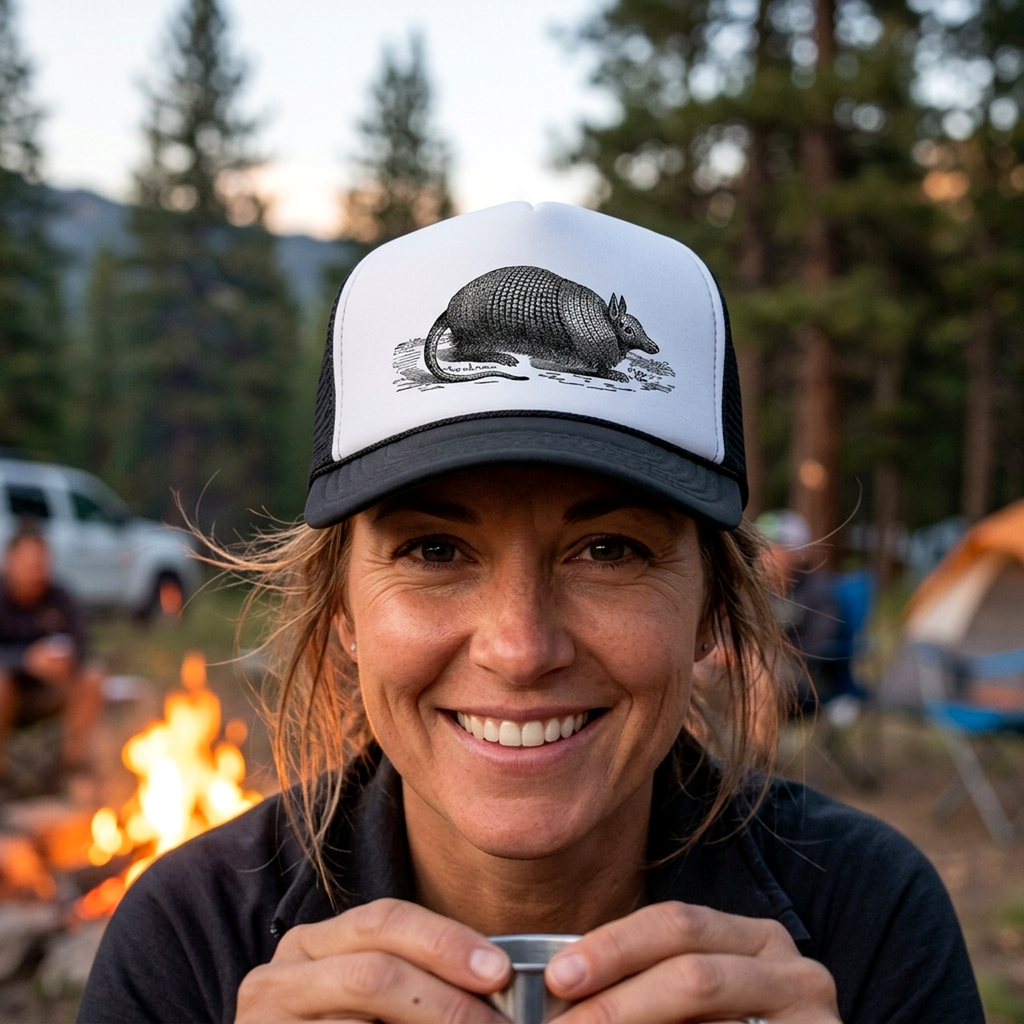 Armadillo Trucker Hat - Mesh Cap - Flat Bill Snap Back 5 Panel Hat