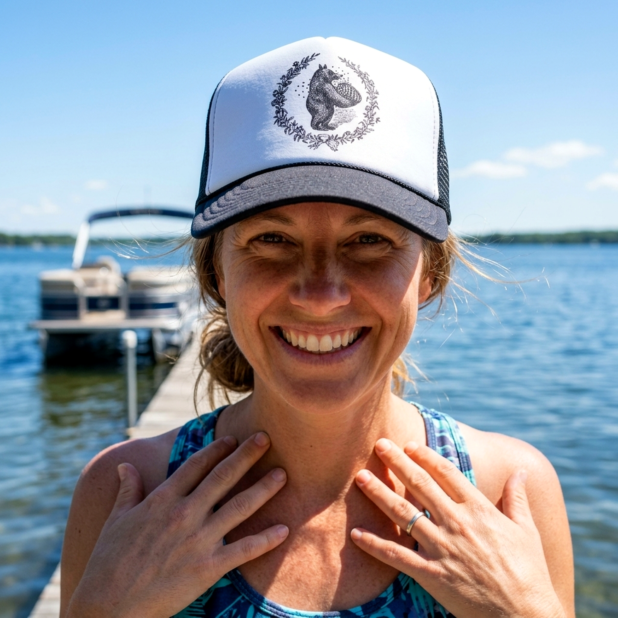 Bears and Bees Trucker Hat - Mesh Cap - Flat Bill Snap Back 5 Panel Hat