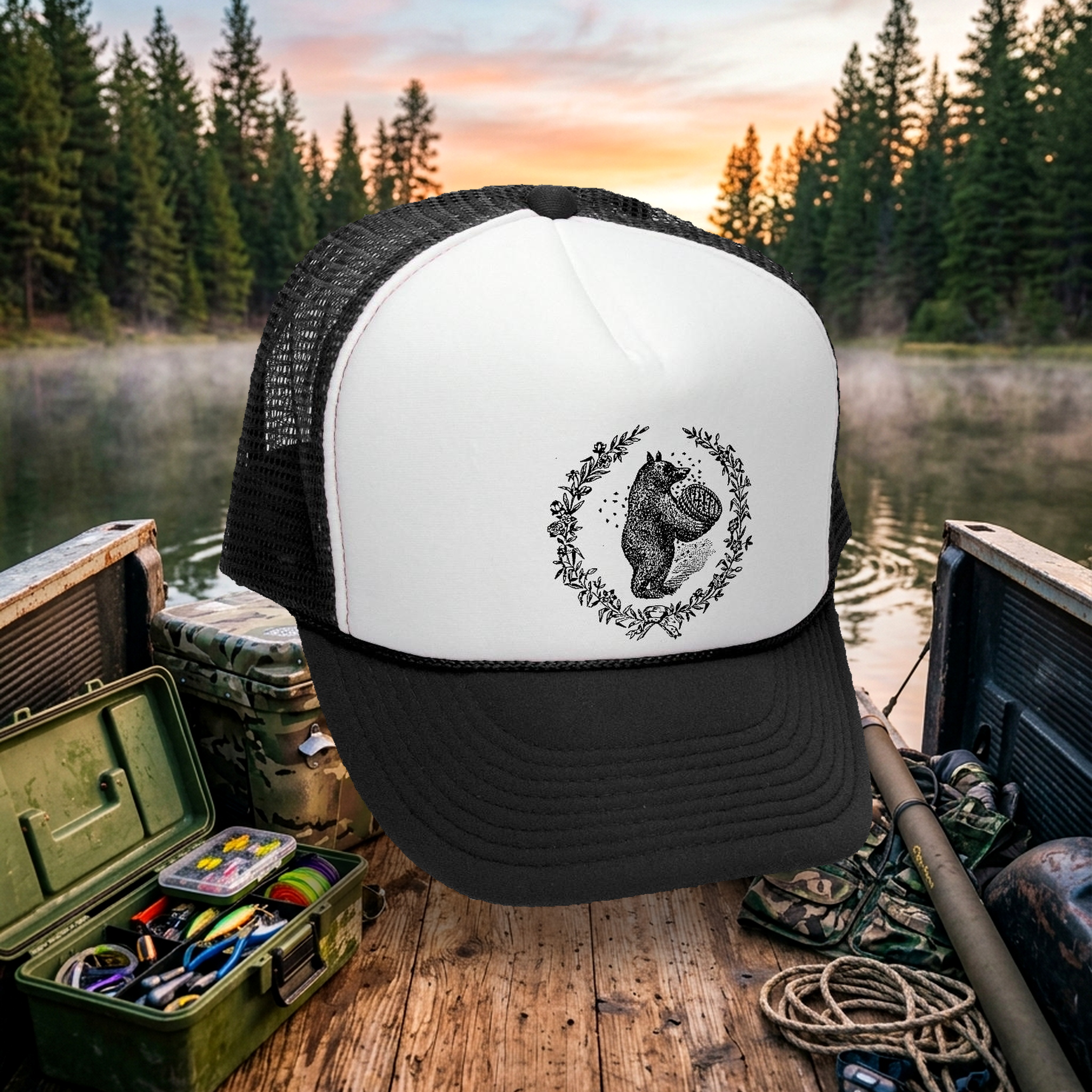 Bears and Bees Trucker Hat - Mesh Cap - Flat Bill Snap Back 5 Panel Hat