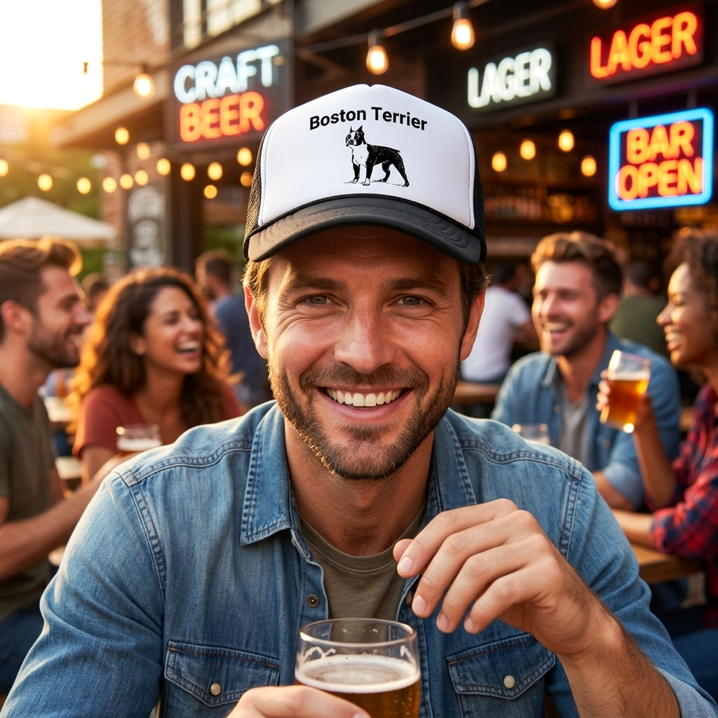 Boston Terrier Trucker Hat - Mesh Cap - Flat Bill Snap Back 5 Panel Hat