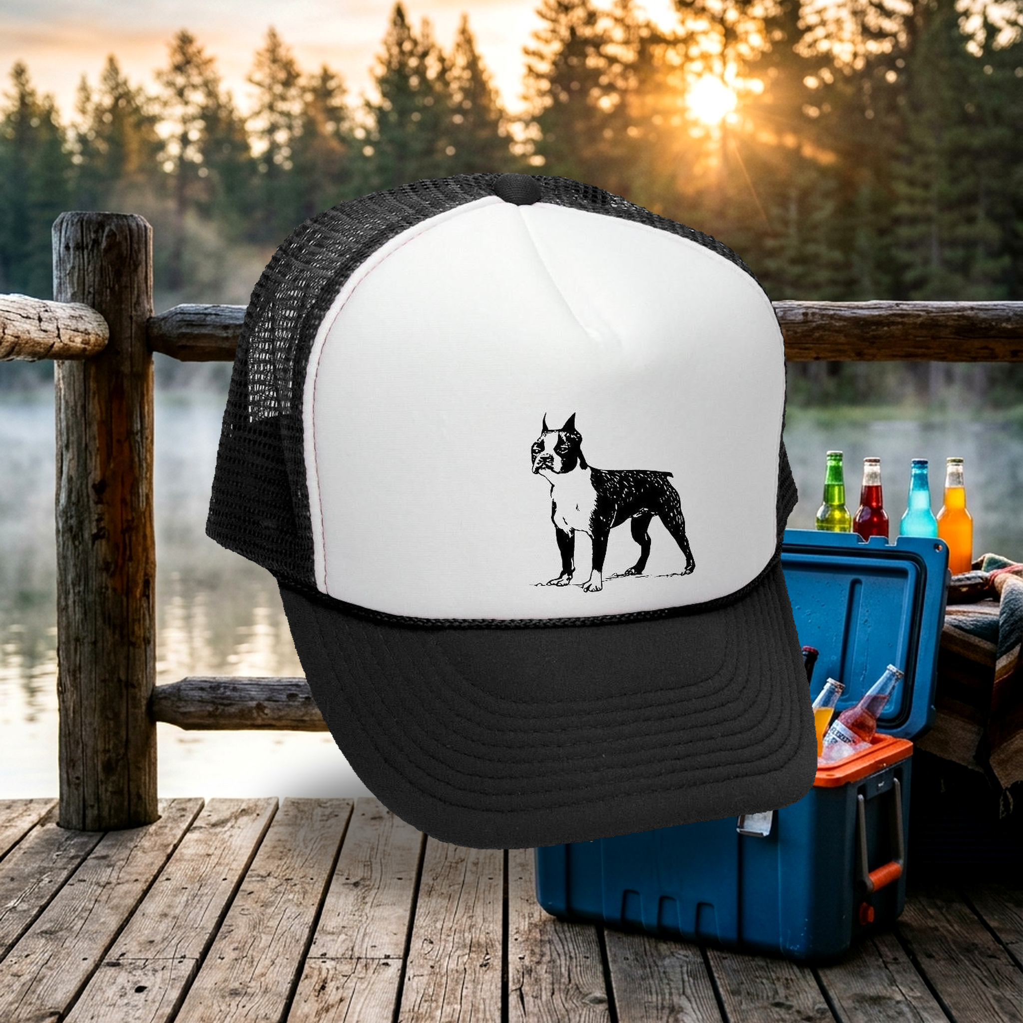 Boston Terrier Trucker Hat - Mesh Cap - Flat Bill Snap Back 5 Panel Hat