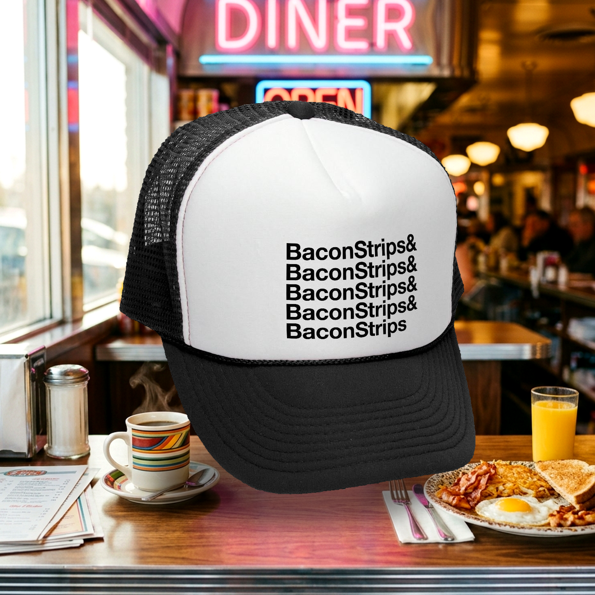 Bacon Strips Trucker Hat - Mesh Cap - Flat Bill Snap Back 5 Panel Hat