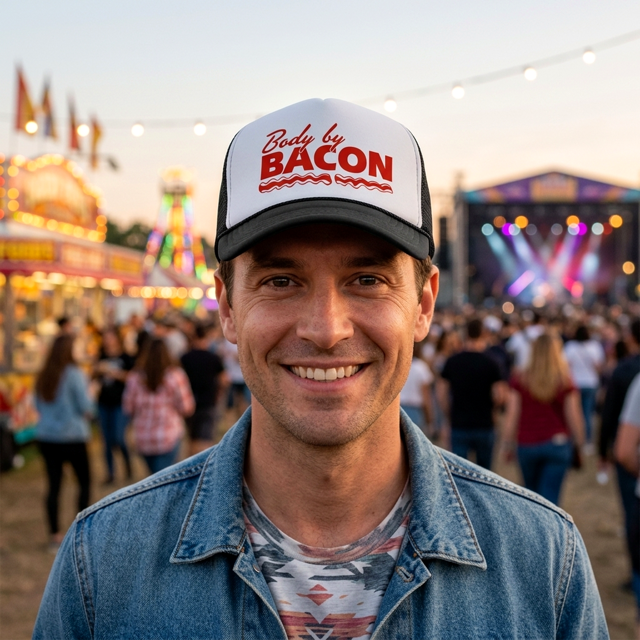 Body by Bacon Trucker Hat - Mesh Cap - Flat Bill Snap Back 5 Panel Hat